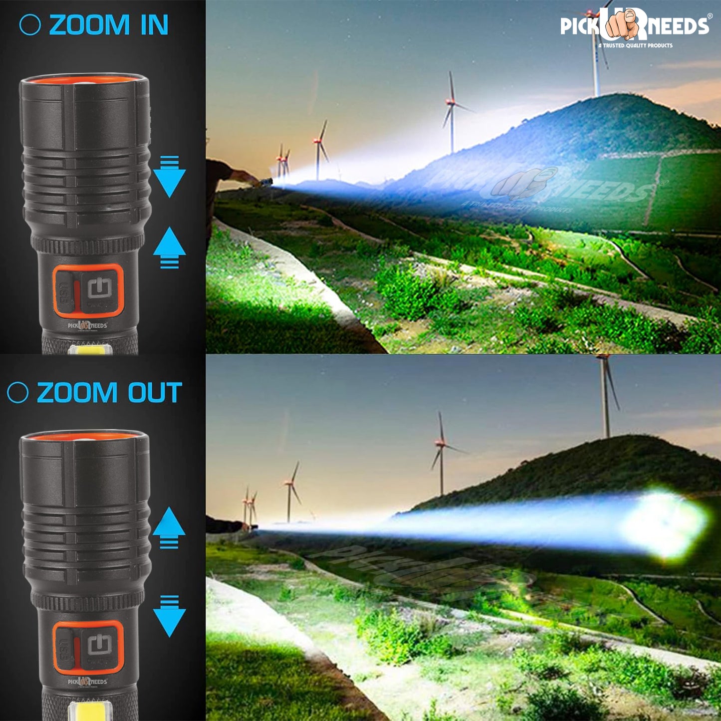 Pick Ur Needs Rechargeable 100W Small Search Metal Torch+ COB 3 Brightness Mode LED Light 3 hrs Torch Emergency Light