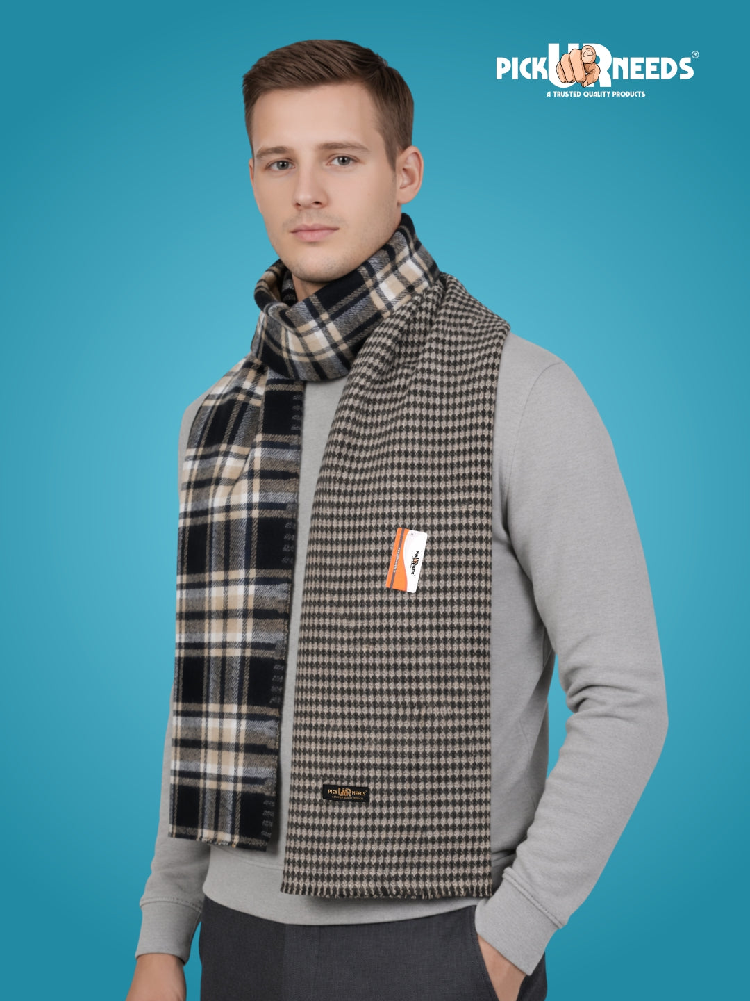 Pick Ur Needs Reversible Winter Muffler for Men Premium Soft Wool Blend Scarf Dual-Design Check & Houndstooth Pattern Warm & Stylish Winter Neck Wrap