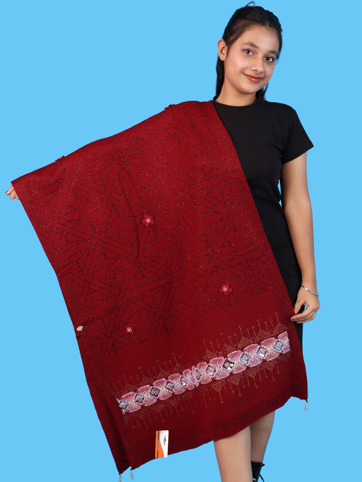 Pick Ur Needs Womens Soft Woolen Winter Girls Shawl with Elegant Geometric Design & Floral Embellishments Lightweight Warm Comfortable Ladies Shawl