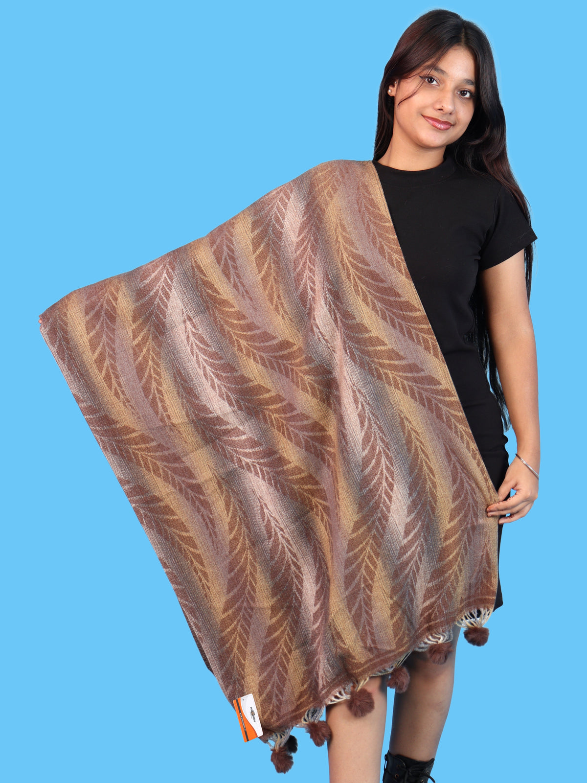 Pick Ur Needs Womens Designer Woolen Shawl & Stole with Elegant Leaf Pattern and Pom Pom Tassels, Winter Soft Warm Lightweight Winter Wrap