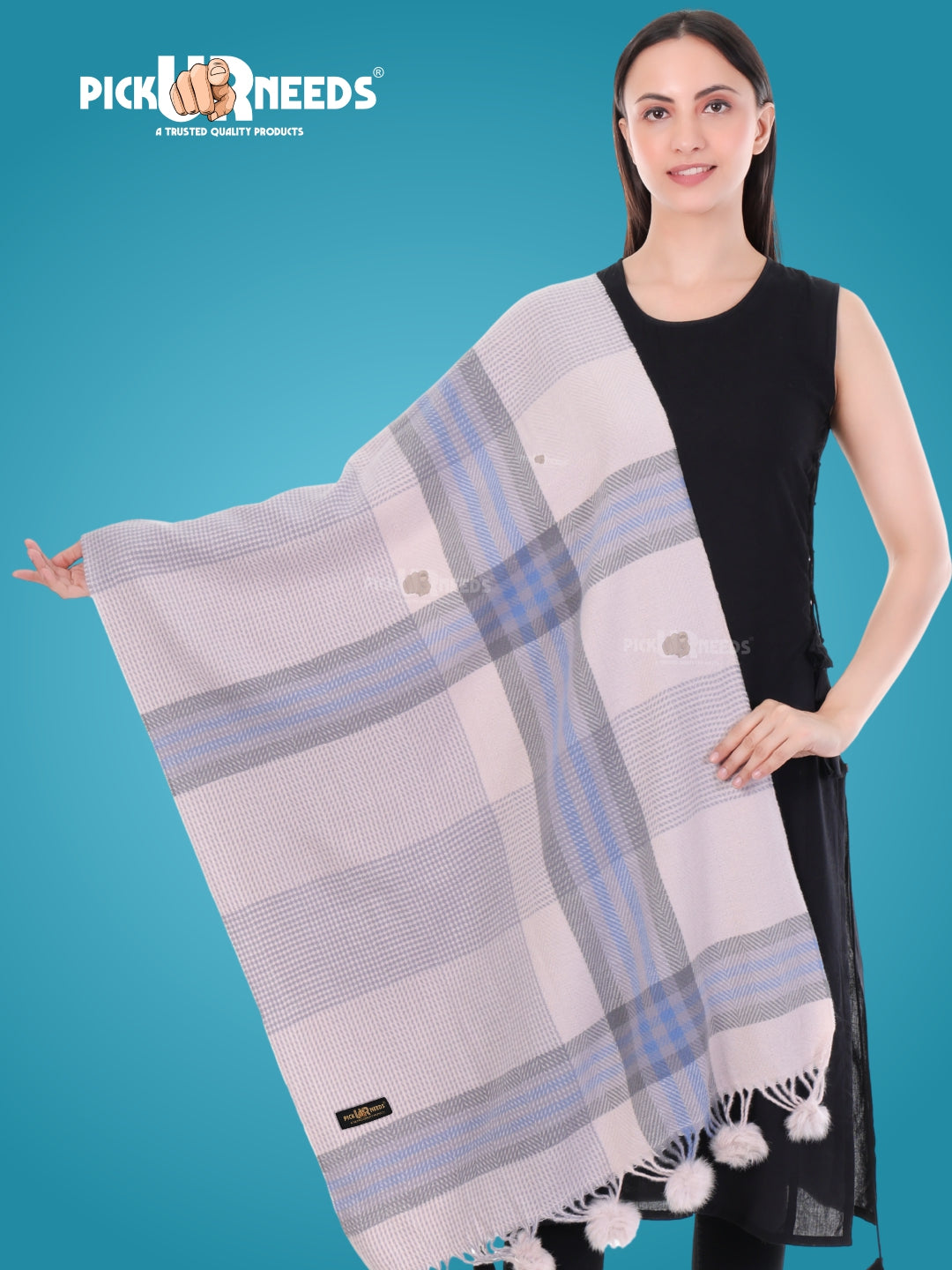Pick Ur Needs Women's Soft Plaid Shawl Wrap Scarf with Pom Poms Warm Blanket Stole Fashionable Winter Gift for Ladies
