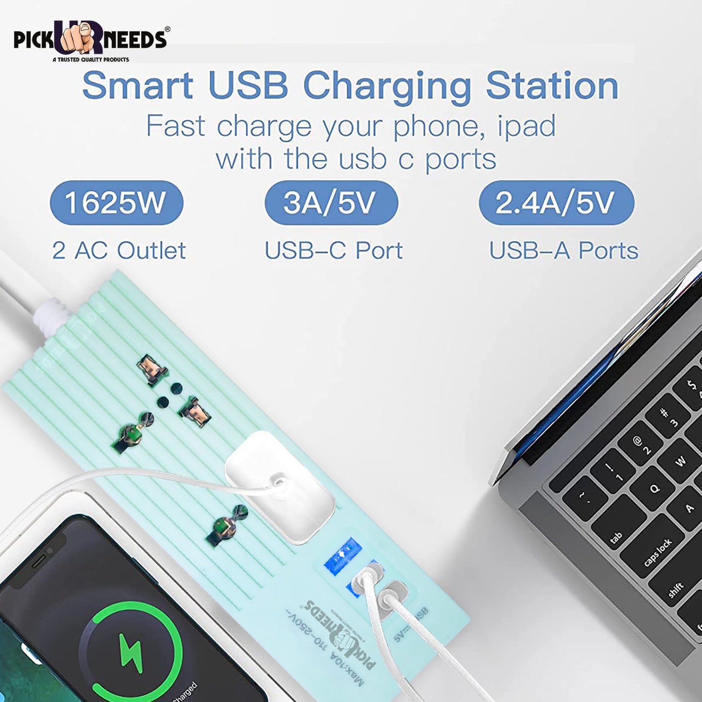 Pick Ur Needs Extension Cord 10A with Universal 2 Socket & 3 USB Port Extension Boards for Multiple Use