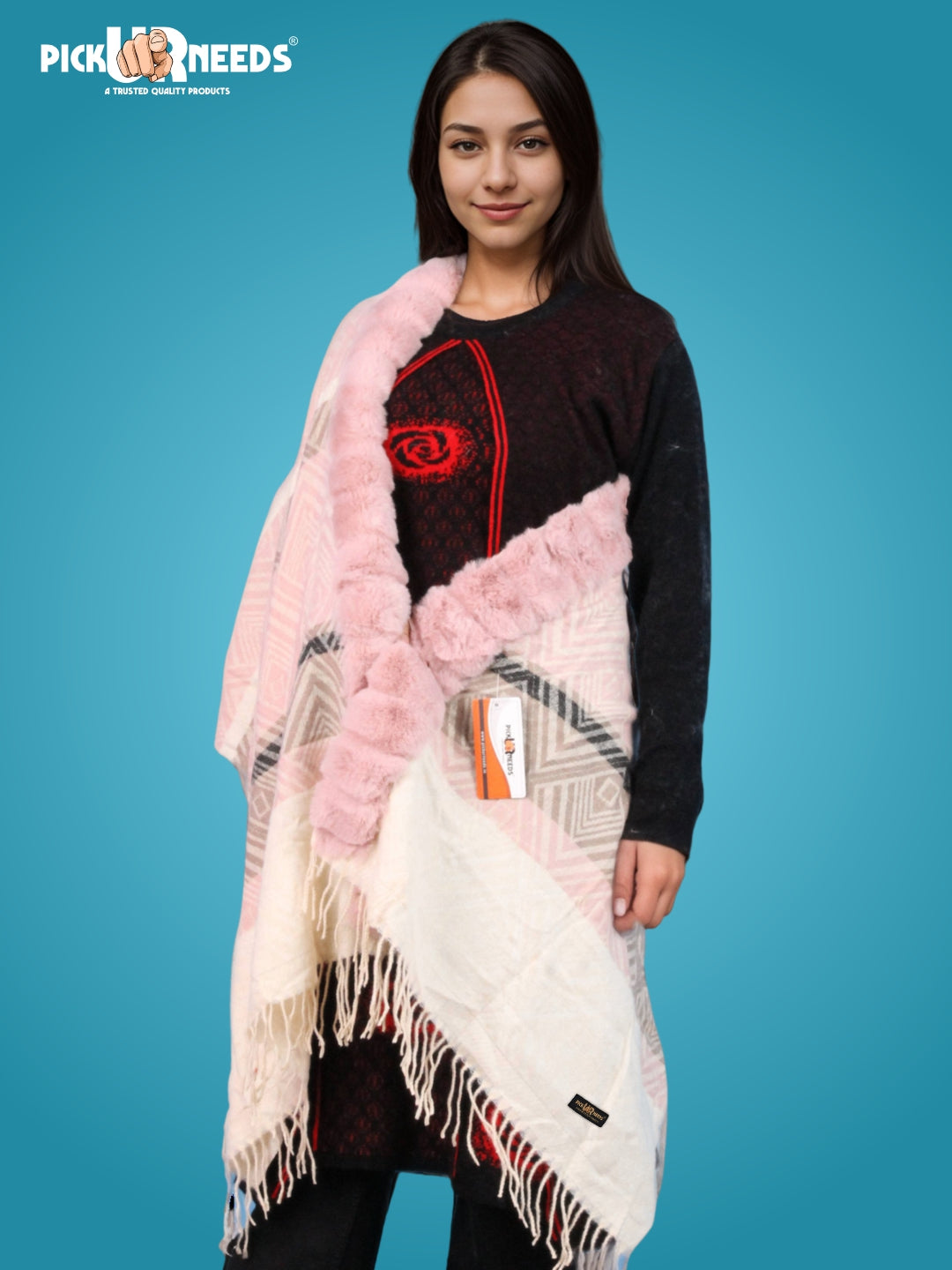 Pick Ur Needs Women's Winter Geometric Printed Faux Fur Border Shawl with Tassels  Soft Warm Wrap Stole for Casual, Party & Travel