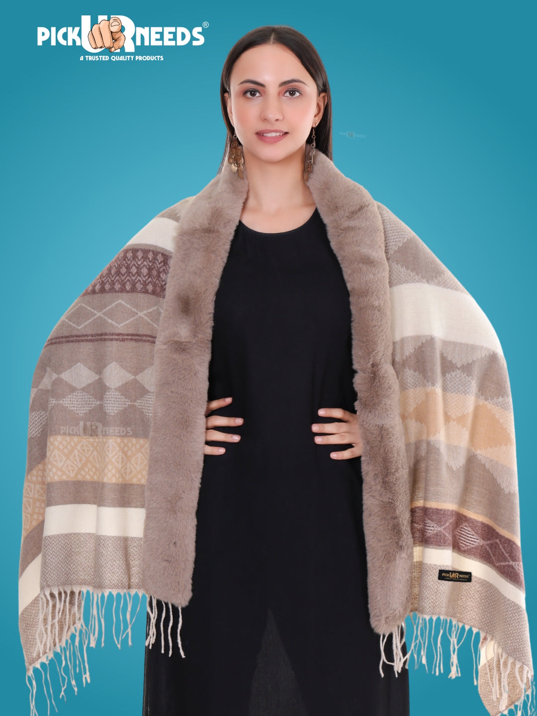 Pick Ur Needs Elegant Winter Soft & Warm Woolen Shawl with Faux Fur Border Multi Color Pattern Scarf