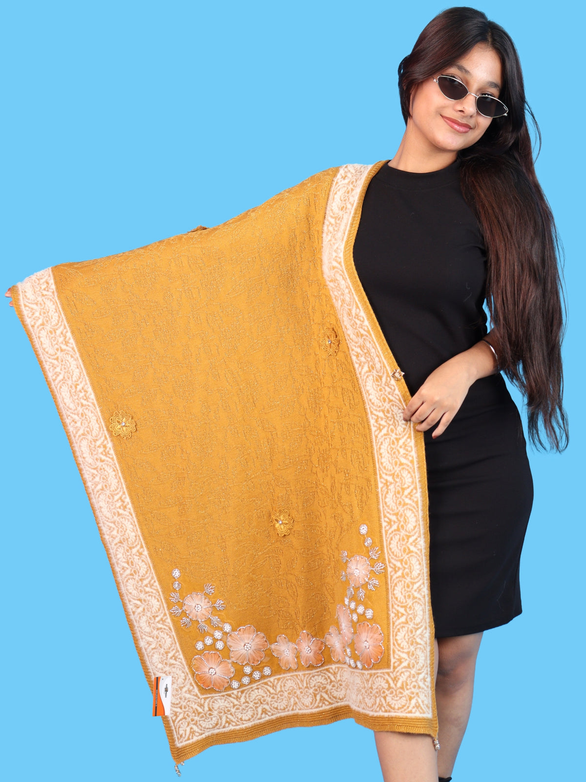Pick Ur Needs Winter Woolen Womens Open Front Stylish Shrug with Elegant Floral Embroidery & Designer Border Soft Warm for Ladies & Girls