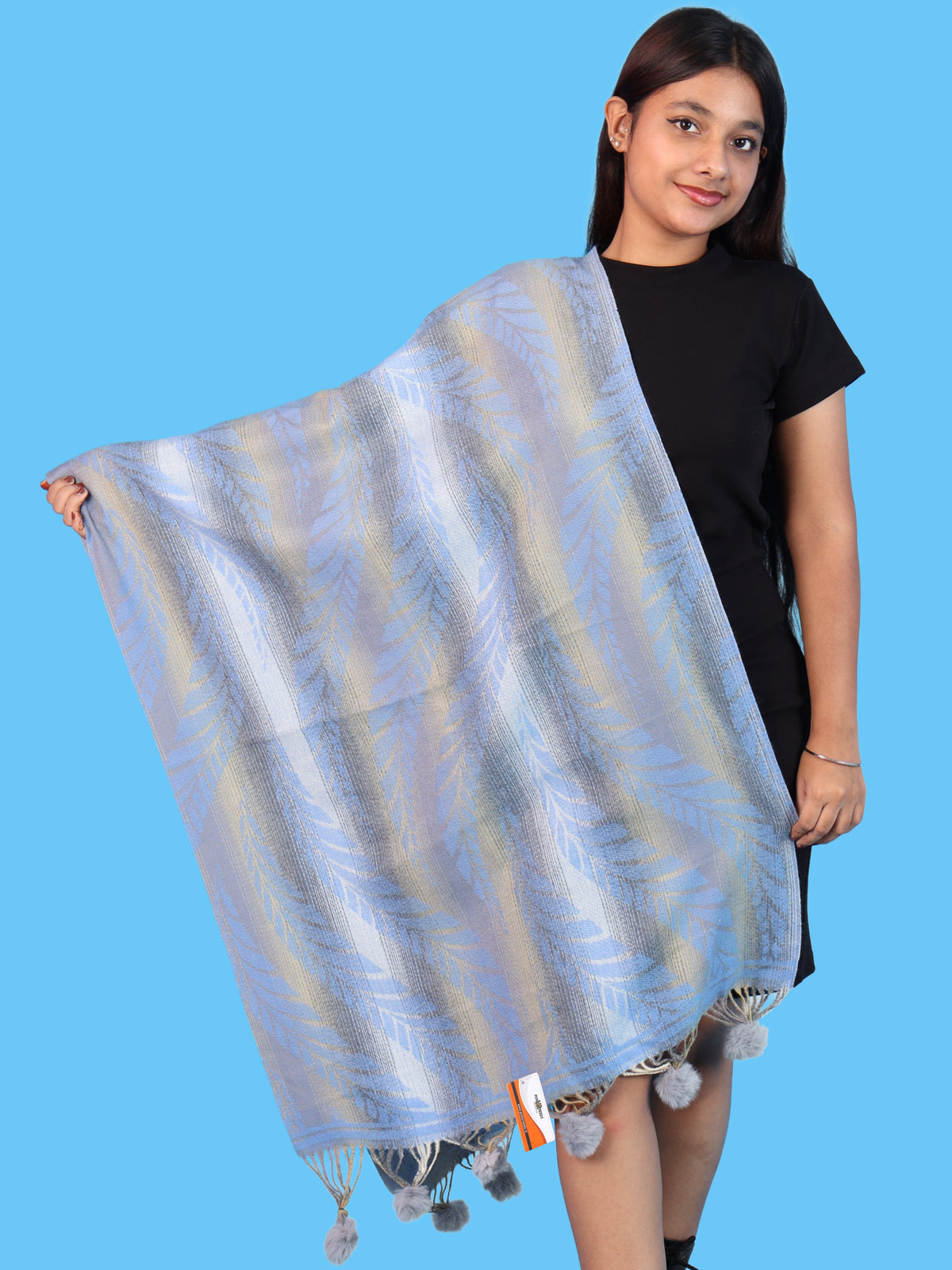 Pick Ur Needs Womens Designer Woolen Shawl & Stole with Elegant Leaf Pattern and Pom Pom Tassels, Winter Soft Warm Lightweight Winter Wrap
