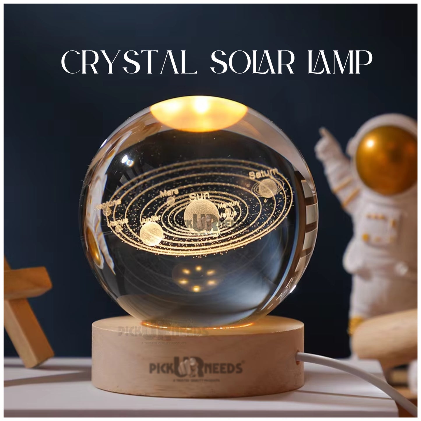 Pick Ur Needs 3D Galaxy Laxmi Ganesh Crystal Ball Night Light– Beech Wood Base– Decor for Home Night Lamp  (9.5 cm, Gold)