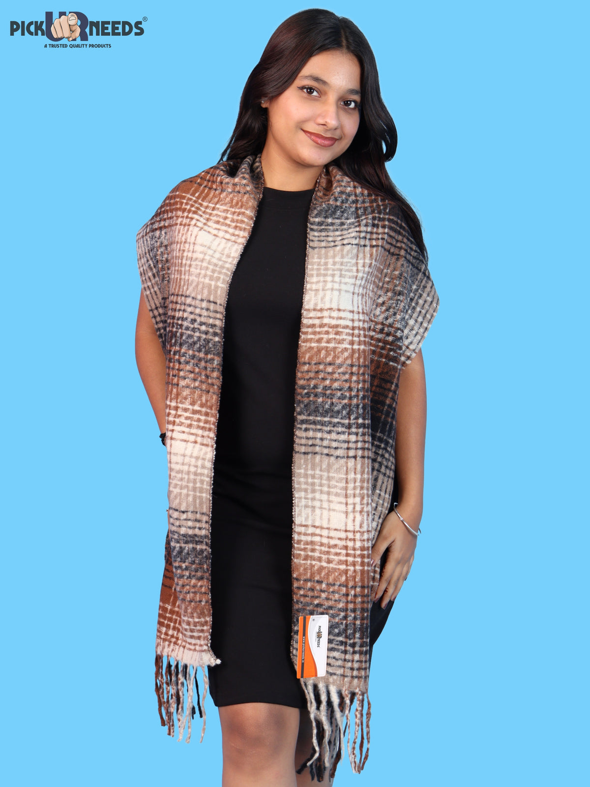 Pick Ur Needs Soft Woolen Girl's Muffler Scarf with Elegant Check Pattern,Warm & Cozy Winter Neck Wrap, Stylish Fringed Stole for Women & Girls