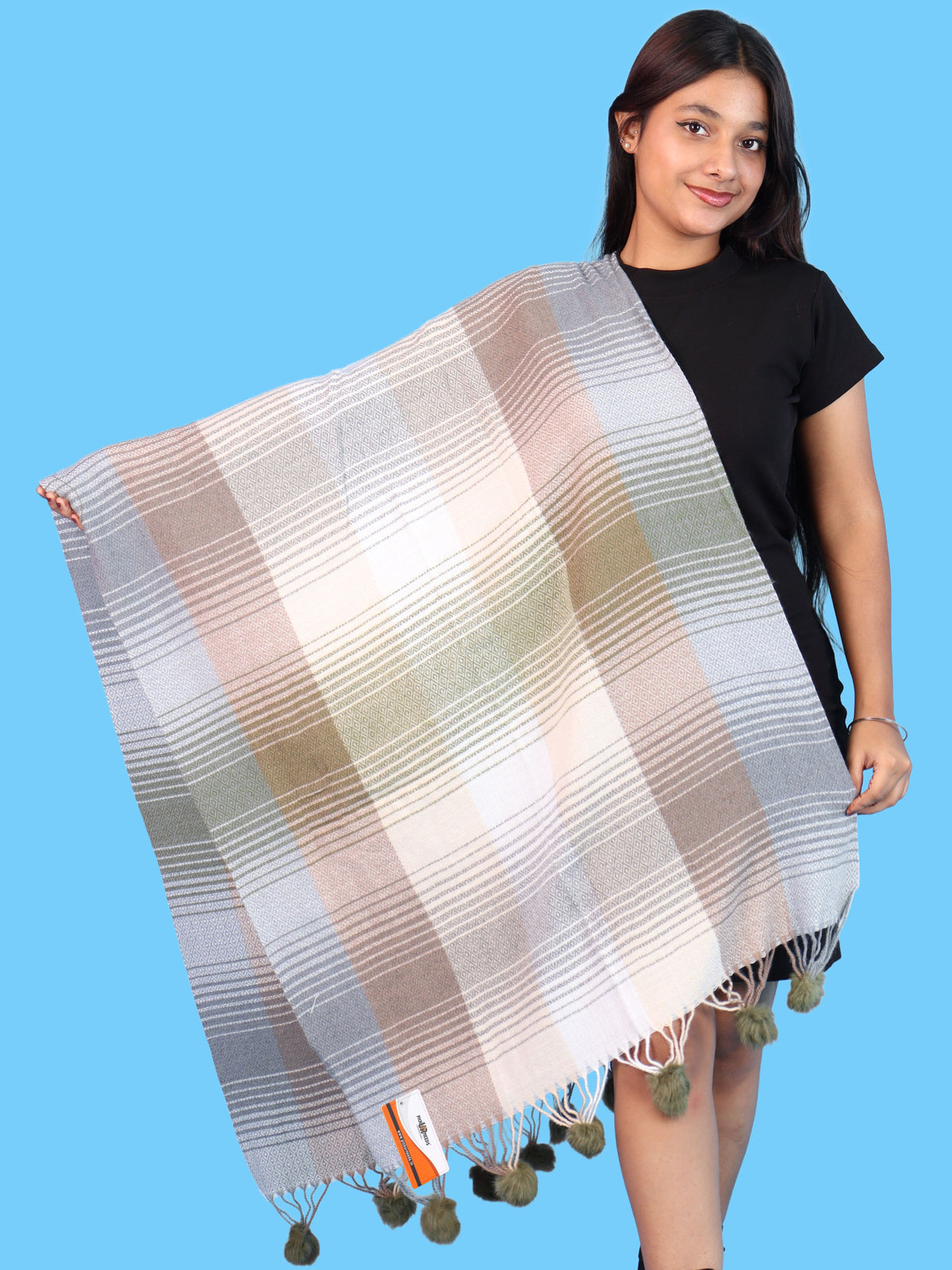 Pick Ur Needs Women & Girls Winter Shawl Soft Warm Striped Pattern Shawl with Tassel & Pom Pom Border Stylish Ladies Winter Wrap
