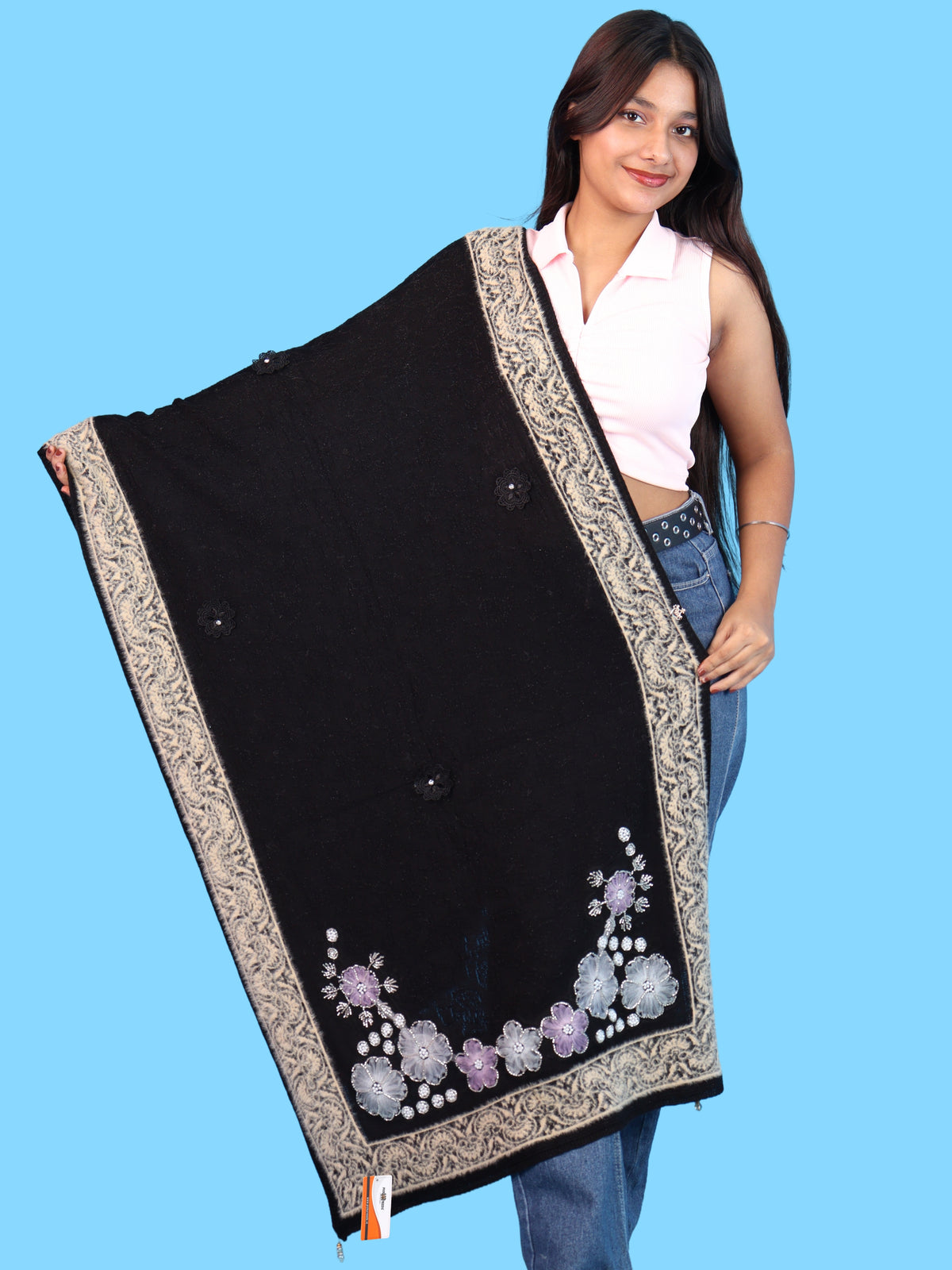Pick Ur Needs Winter Woolen Womens Open Front Stylish Shrug with Elegant Floral Embroidery & Designer Border Soft Warm for Ladies & Girls