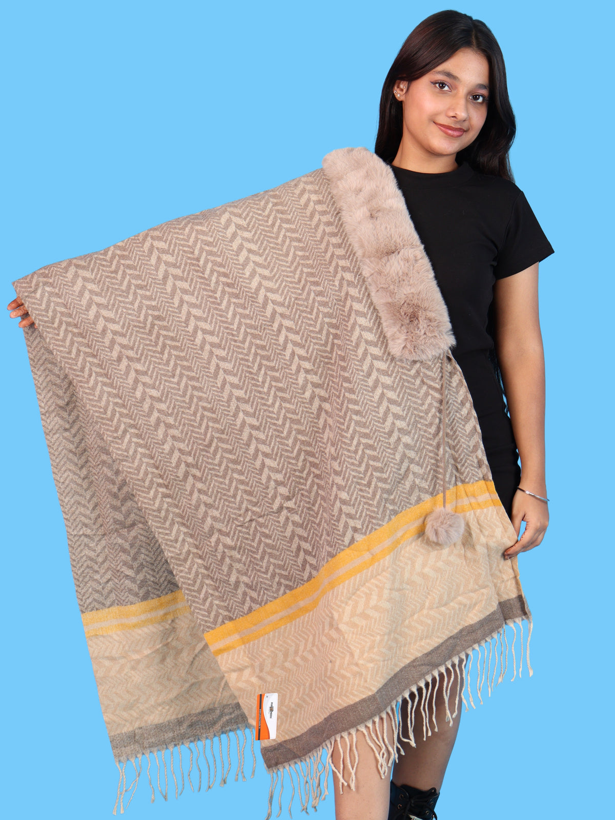 Pick Ur Needs Womens & Girls Designer Winter Shawl with Plush Fur Neckline & Patterned Border Soft Cozy Ladies Shoulder Wrap with Fringed Edges & Pom Pom Tassels