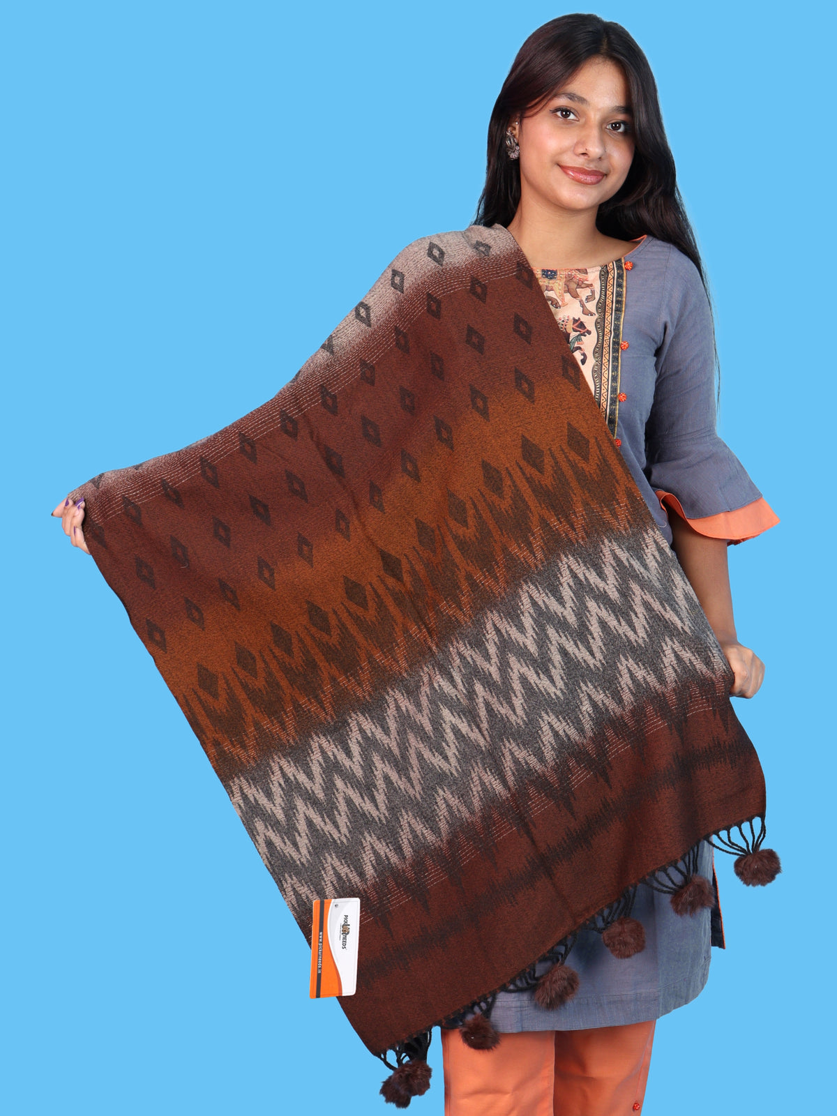 Pick Ur Needs Women Winter Shawl Soft Warm Geometric Printed Woolen Style Stole with Pom Pom Tassels Stylish Long Wrap Muffler for Women & Girls