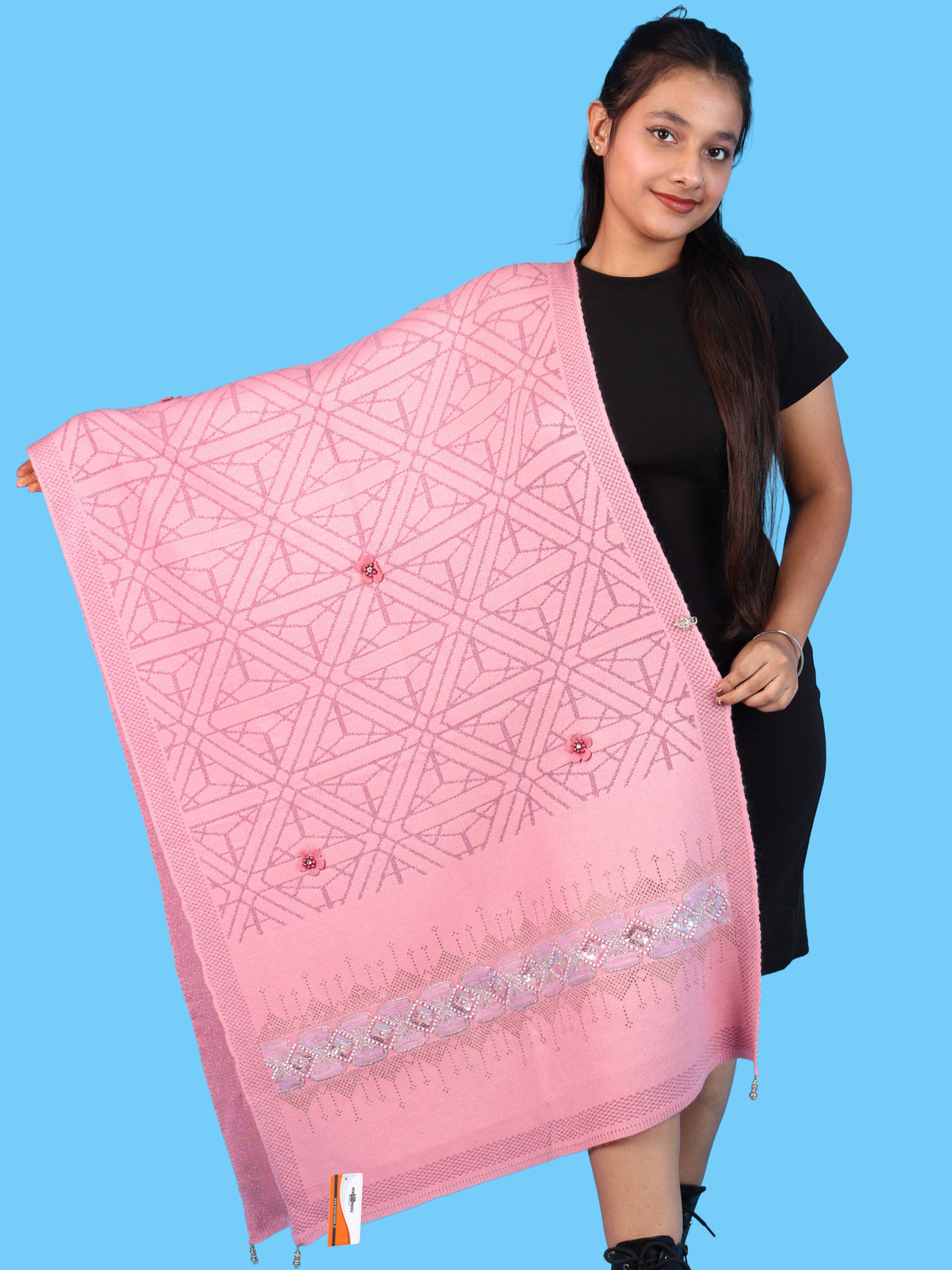 Pick Ur Needs Womens Soft Woolen Winter Girls Shawl with Elegant Geometric Design & Floral Embellishments Lightweight Warm Comfortable Ladies Shawl