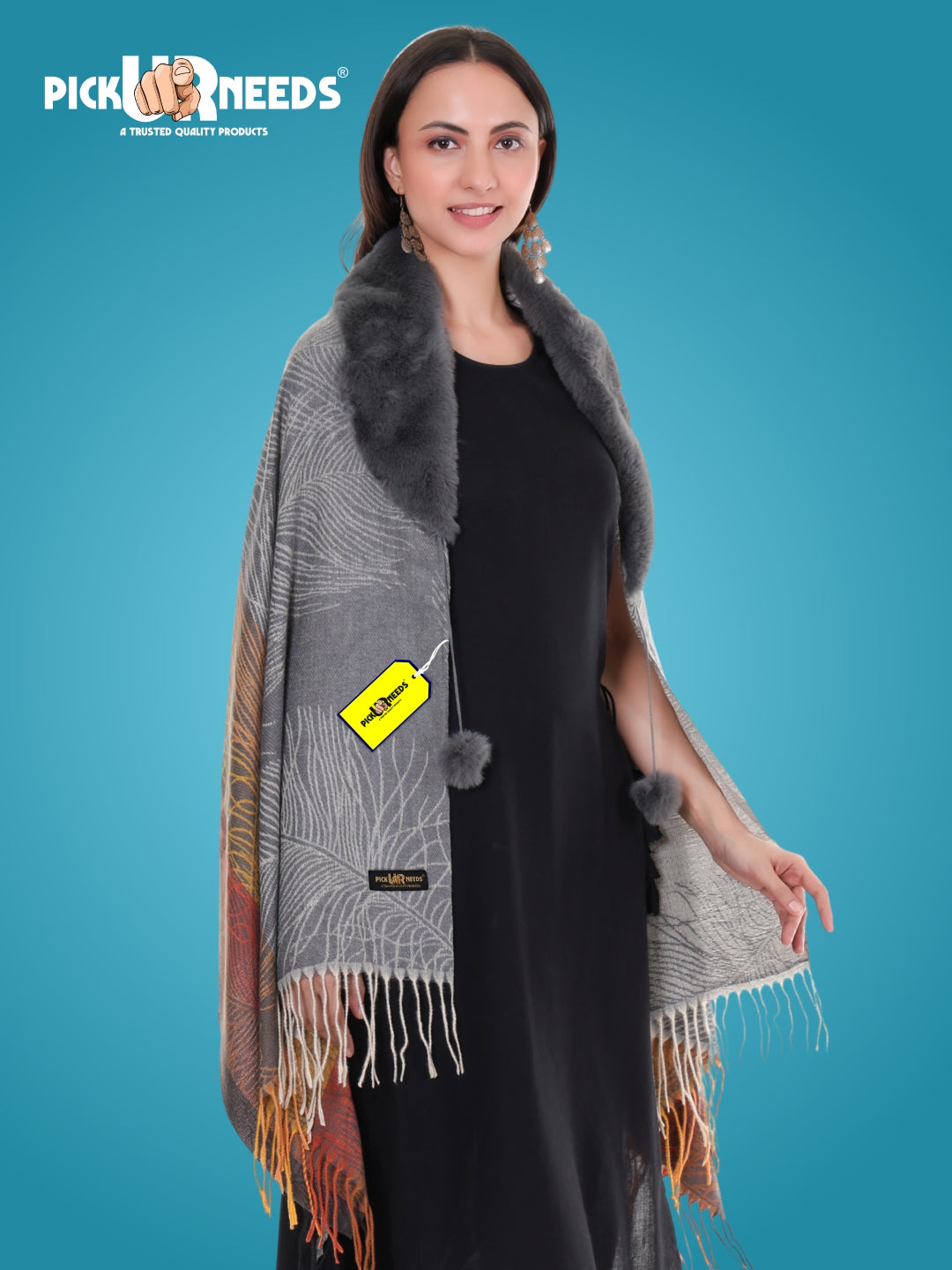 Pick Ur Needs Women’s Winter Shawl  Soft Woolen Stole with Faux Fur Collar  Elegant Poncho Shrug Wrap for Winter Warm Designer Scarf for Ladies