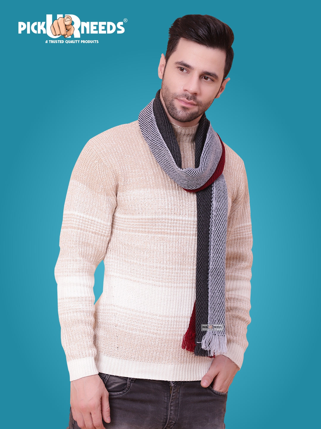 Pick Ur Needs Premium Men's Warm And Stylish Woolen Muffler With Multicolour Stripes And Stylish Tussles Ends