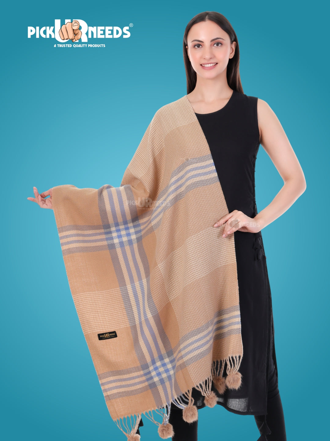 Pick Ur Needs Women's Soft Plaid Shawl Wrap Scarf with Pom Poms Warm Blanket Stole Fashionable Winter Gift for Ladies