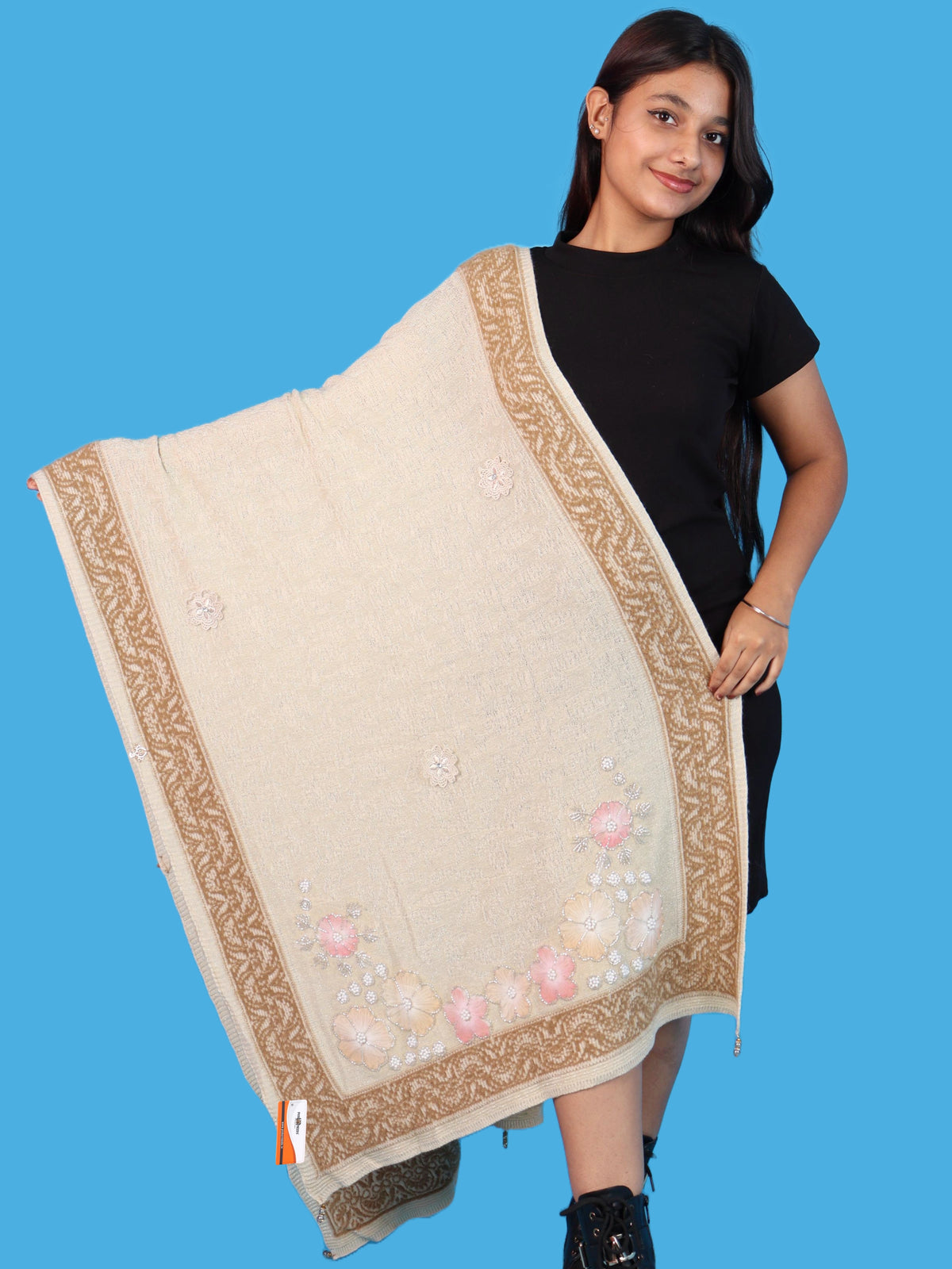 Pick Ur Needs Winter Woolen Womens Open Front Stylish Shrug with Elegant Floral Embroidery & Designer Border Soft Warm for Ladies & Girls