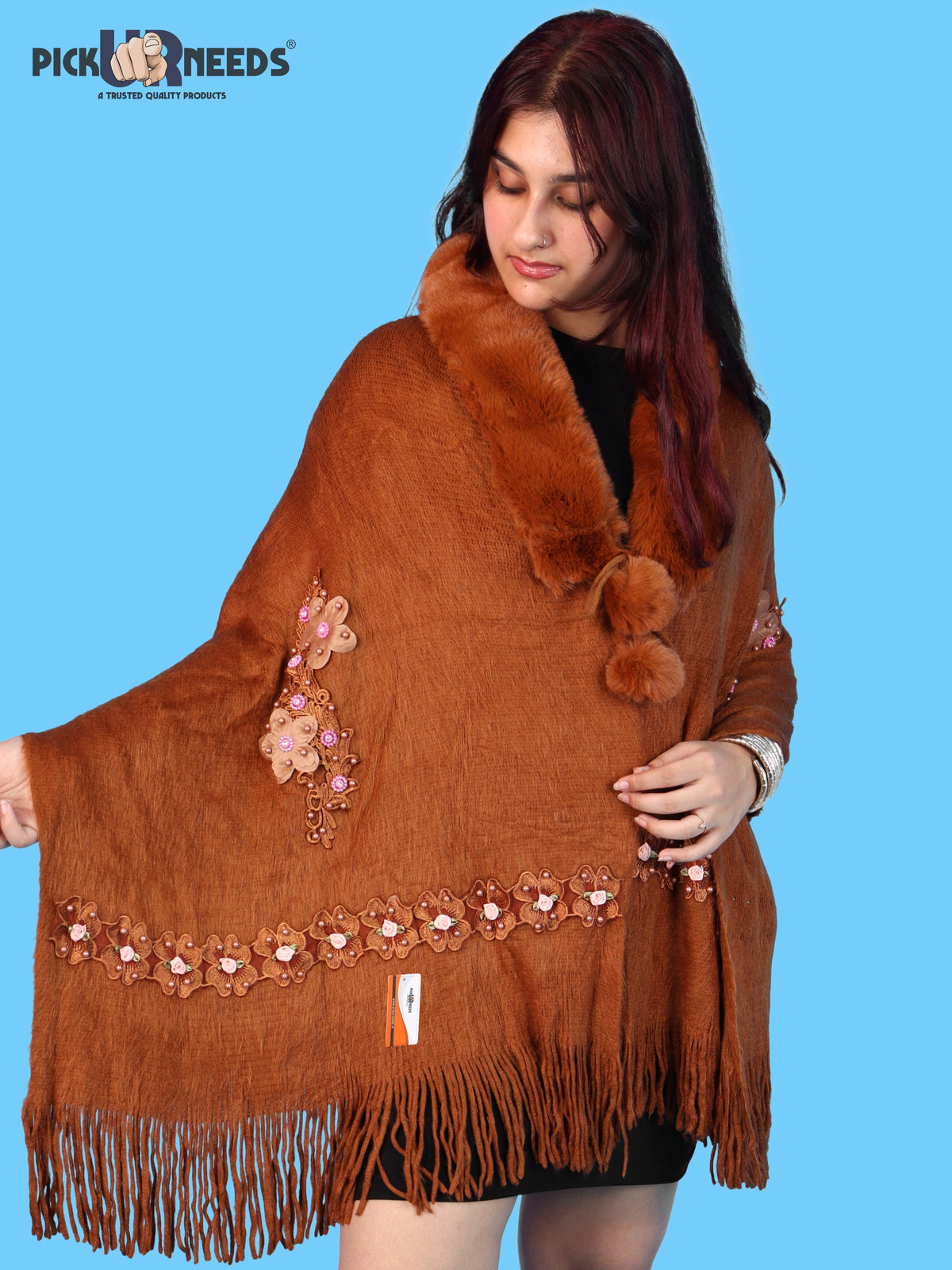Pick Ur Needs Womens Premium Winter Shawl Shrug with Soft Fur Collar, Floral Embroidery, Pom-Pom Tie & Fringe Detailing Stylish Warm Wrap for Girls