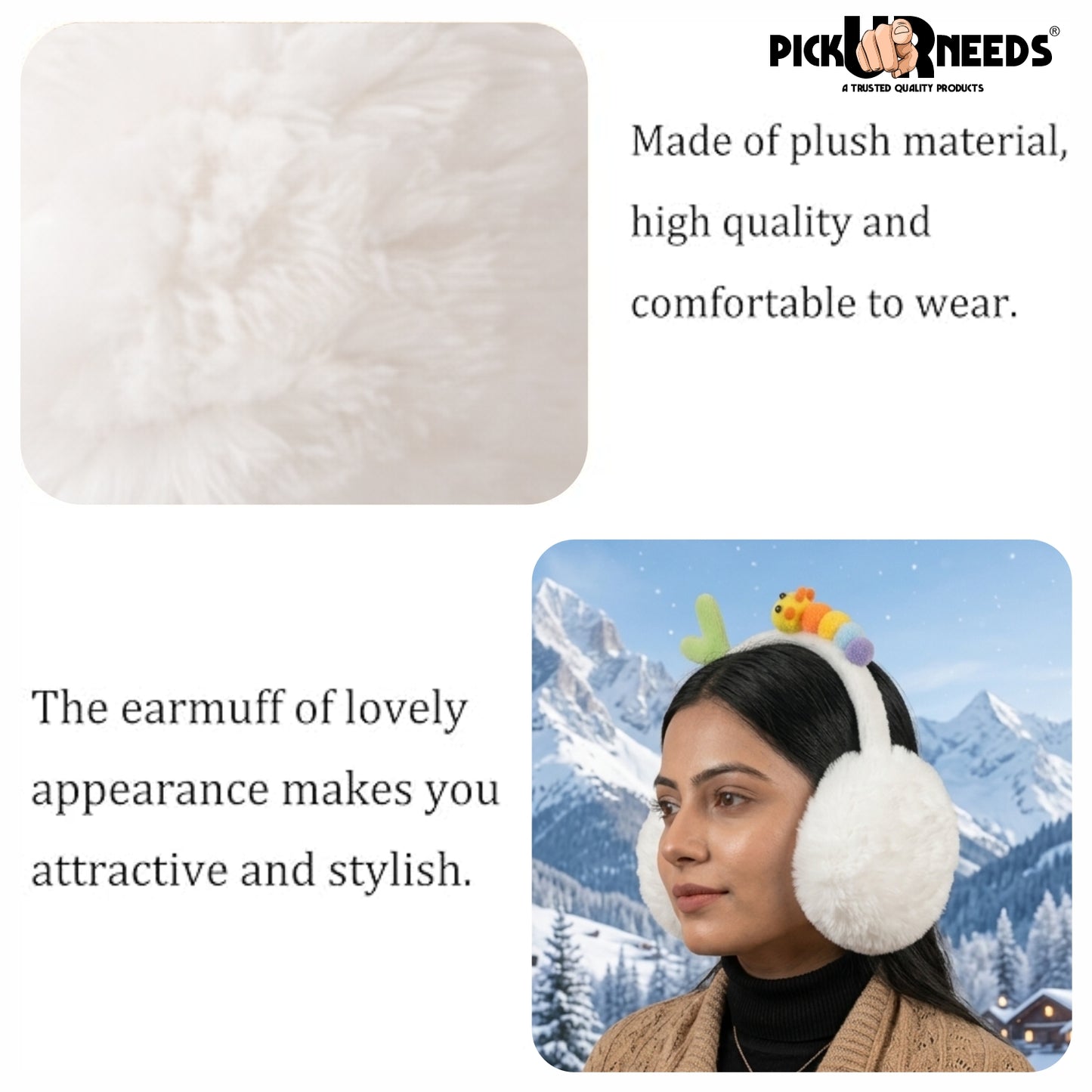 Pick Ur Needs Cute Caterpillar Ear Muffs for Women & Girls – Fluffy Plush Winter Earmuffs, Ear Warmers, Soft Cozy Outdoor Accessory