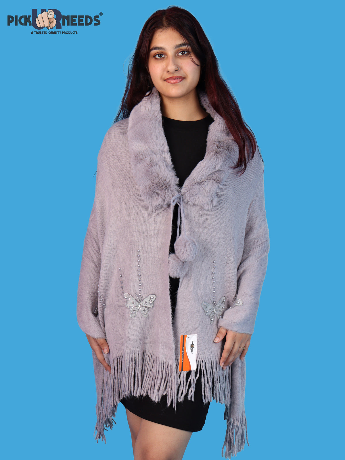 Pick Ur Needs Womens Faux Fur Collar Shrug with Pom Pom Tie Shawl Elegant Fringed Winter Wrap for Women & Girls
