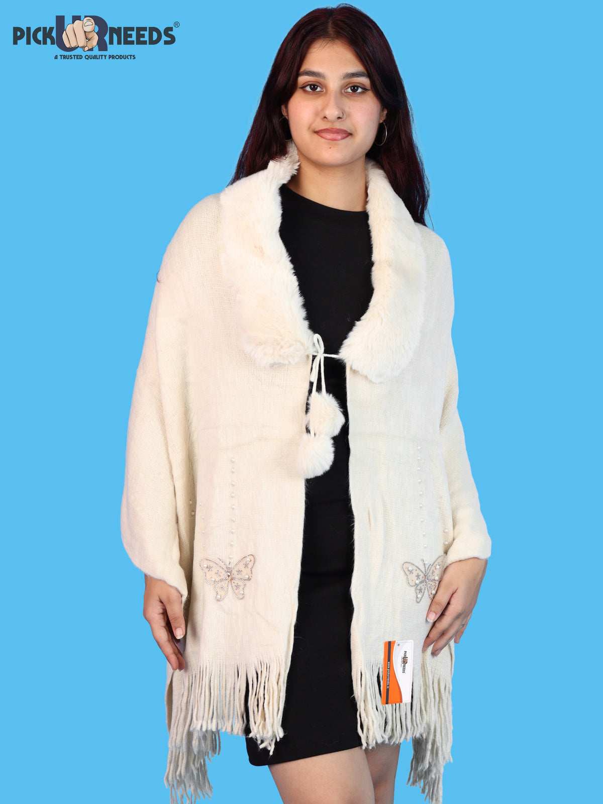 Pick Ur Needs Womens Faux Fur Collar Shrug with Pom Pom Tie Shawl Elegant Fringed Winter Wrap for Women & Girls