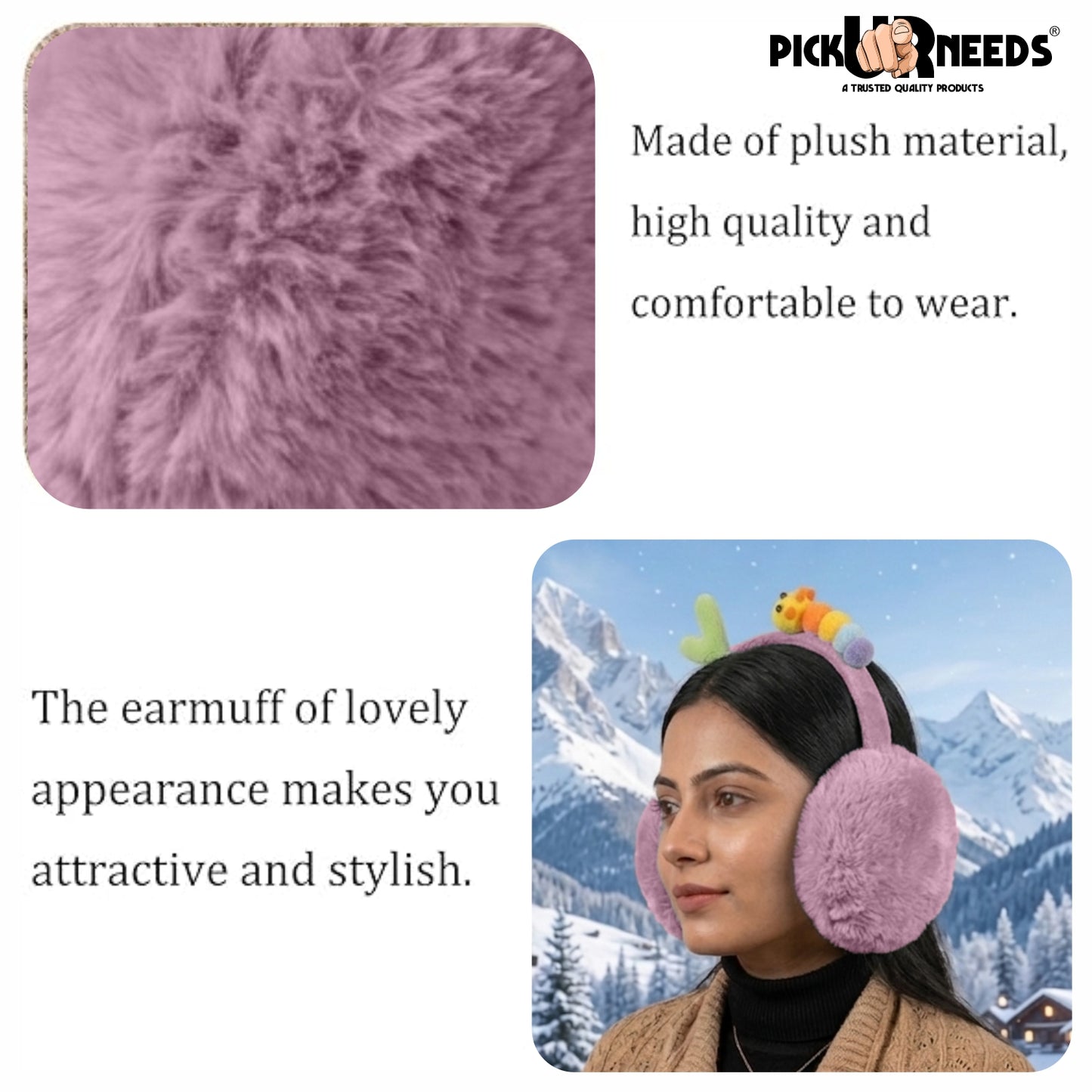 Pick Ur Needs Cute Caterpillar Ear Muffs for Women & Girls – Fluffy Plush Winter Earmuffs, Ear Warmers, Soft Cozy Outdoor Accessory
