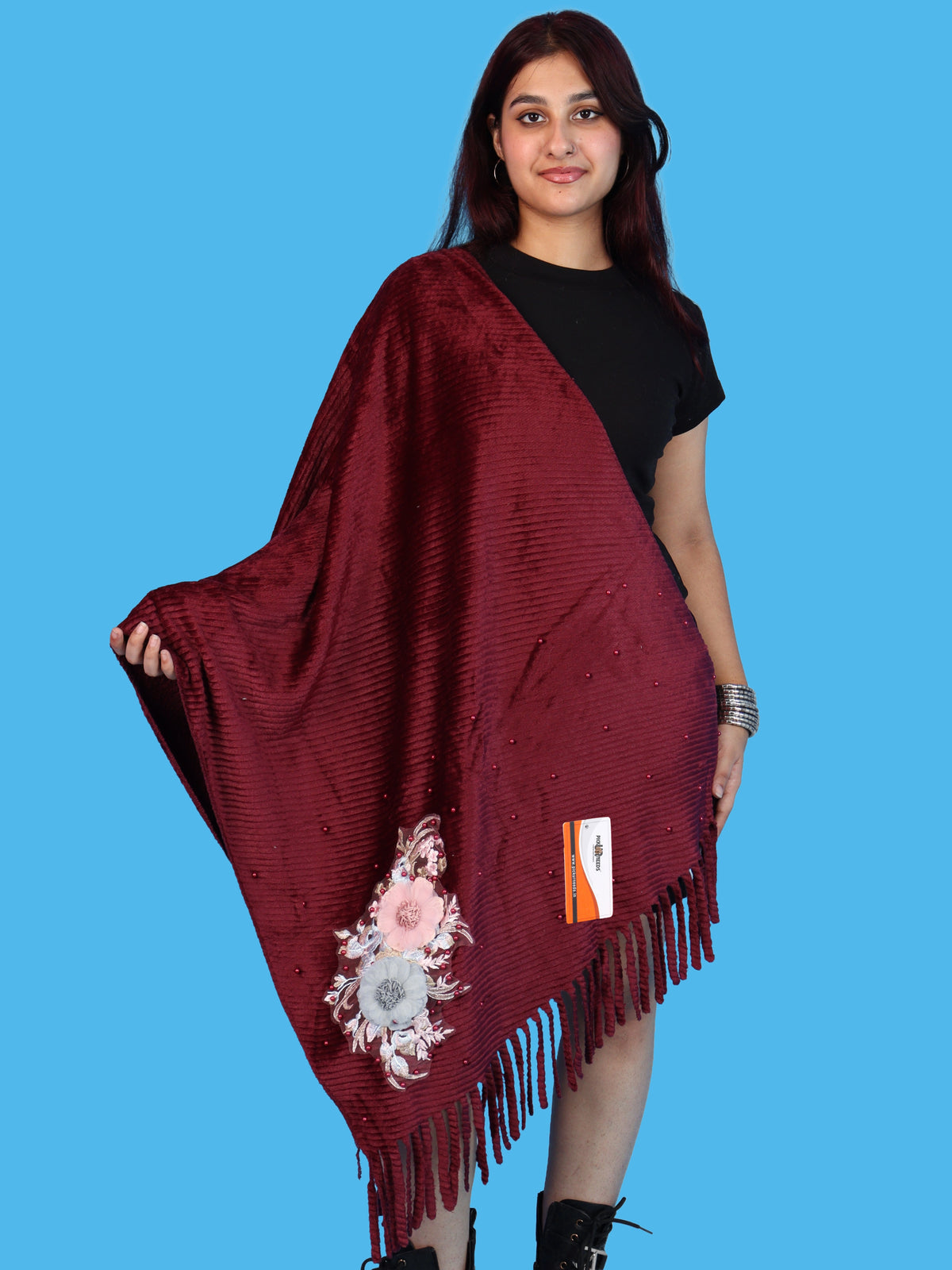 Pick Ur Needs Premium Floral Embroidered Winter Shawl Stole Soft Warm Wrap with Pearl Embellishments & Fringed Border For Girls & Womens