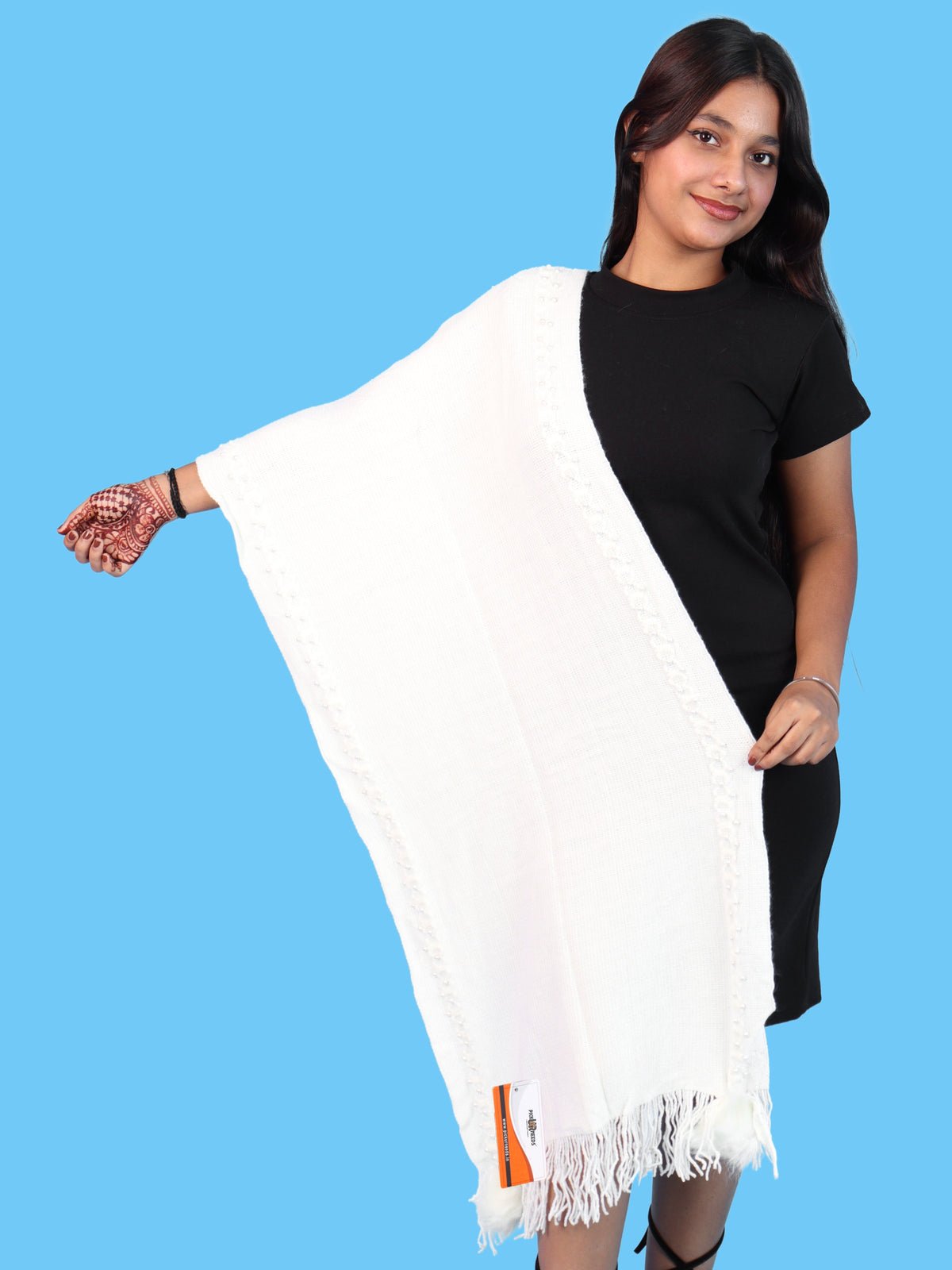 Pick Ur Needs Women & Girls Elegant Woolen Shawl with Beaded Border & Fringed Ends, Soft Warm Lightweight Winter Wrap Stole