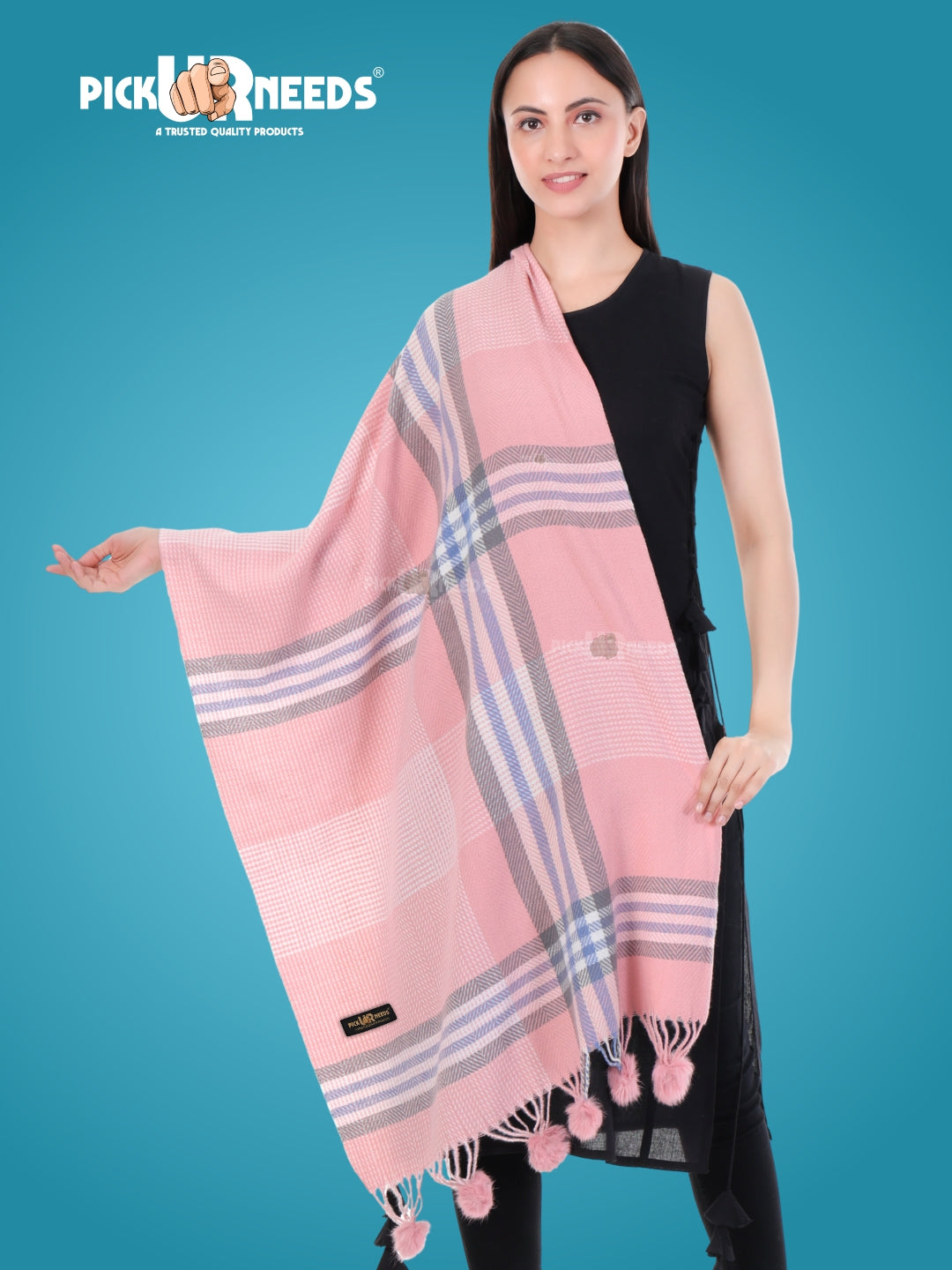 Pick Ur Needs Women's Soft Plaid Shawl Wrap Scarf with Pom Poms Warm Blanket Stole Fashionable Winter Gift for Ladies