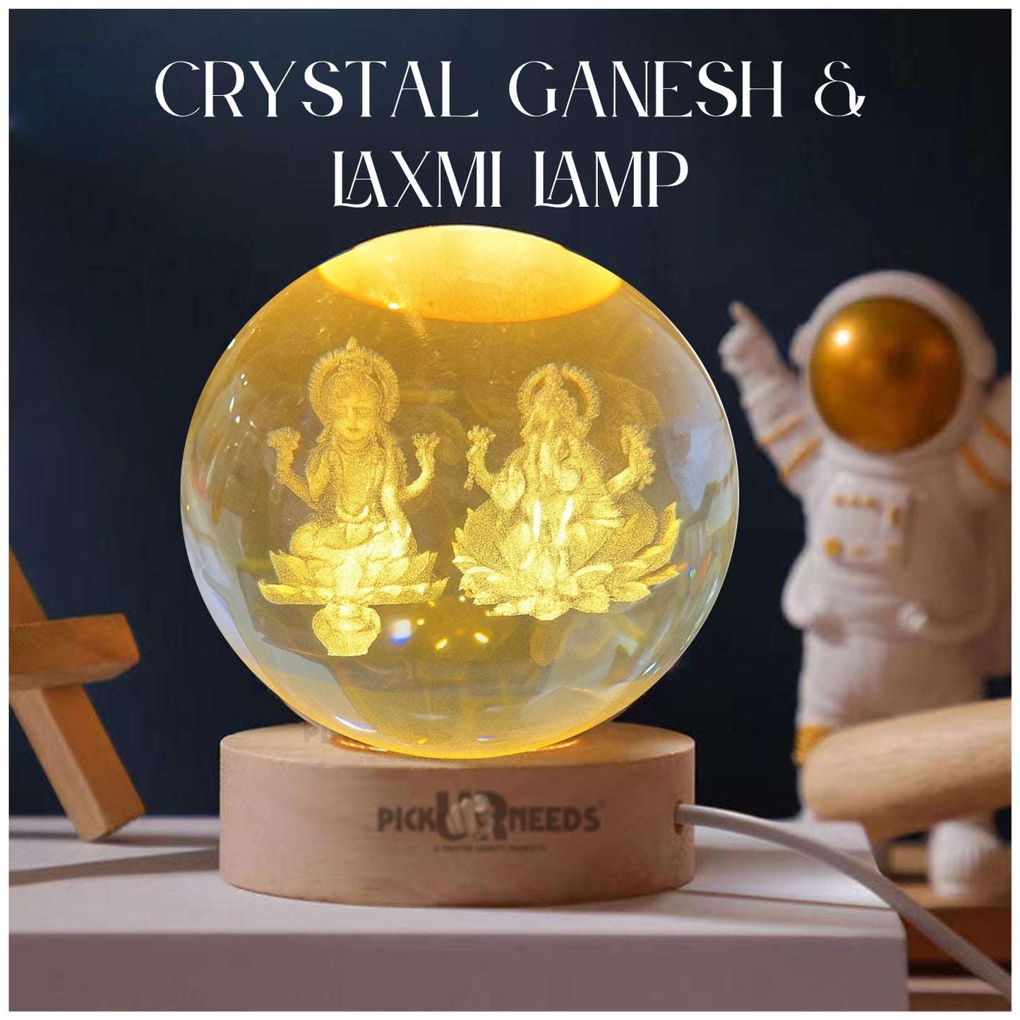 Pick Ur Needs 3D Galaxy Laxmi Ganesh Crystal Ball Night Light– Beech Wood Base– Decor for Home Night Lamp  (9.5 cm, Gold)