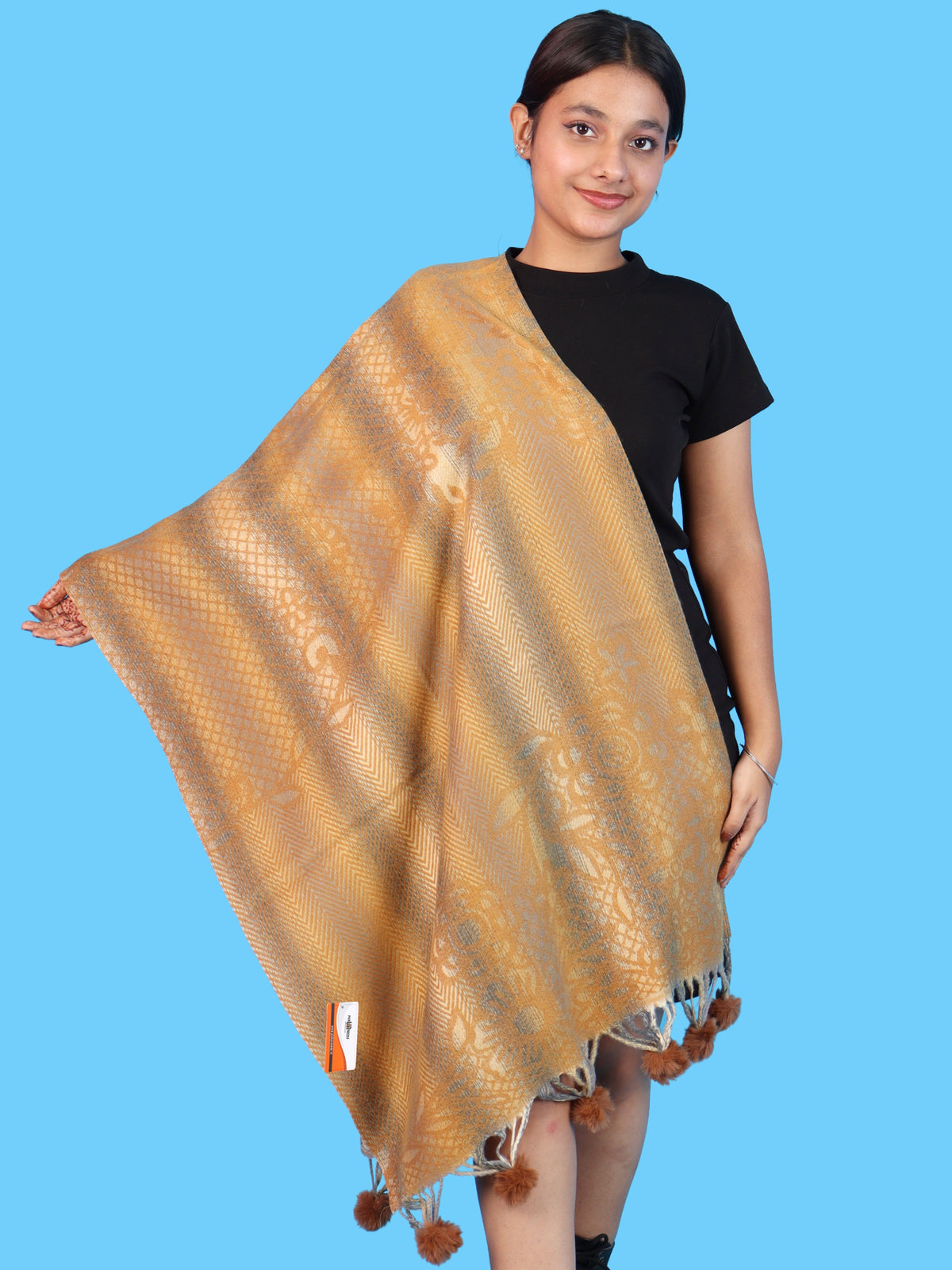 Pick Ur Needs Soft Woolen Designer Winter Shawl with Beautiful Floral Pattern & Pom Pom Tassels For Girls & Womens