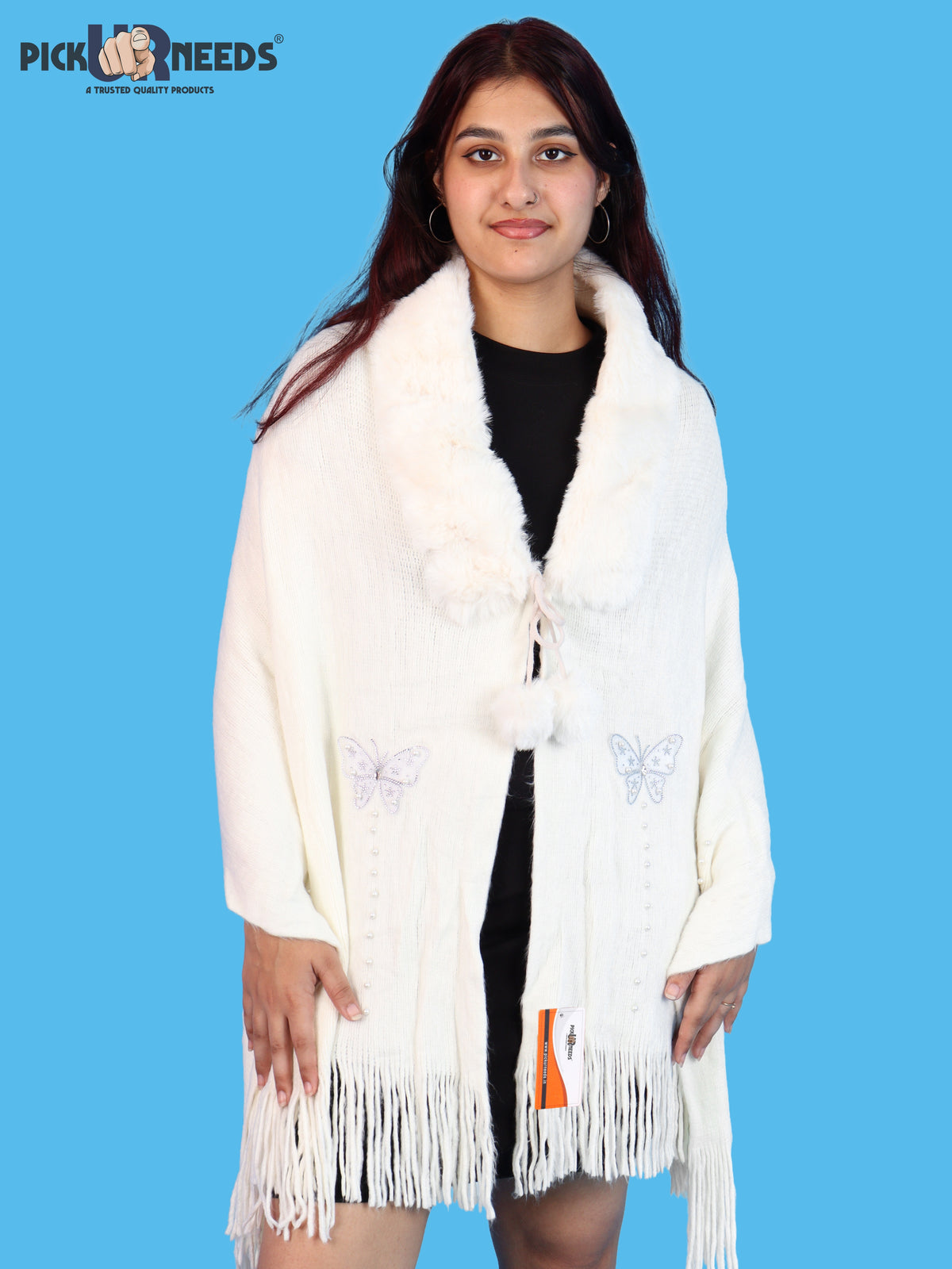 Pick Ur Needs Womens Faux Fur Collar Shrug with Pom Pom Tie Shawl Elegant Fringed Winter Wrap for Women & Girls