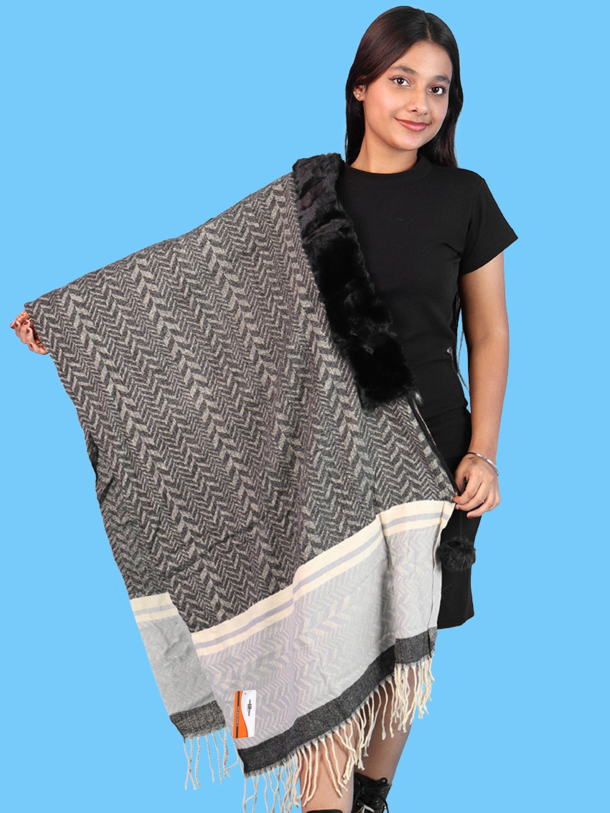 Pick Ur Needs Womens & Girls Designer Winter Shawl with Plush Fur Neckline & Patterned Border Soft Cozy Ladies Shoulder Wrap with Fringed Edges & Pom Pom Tassels