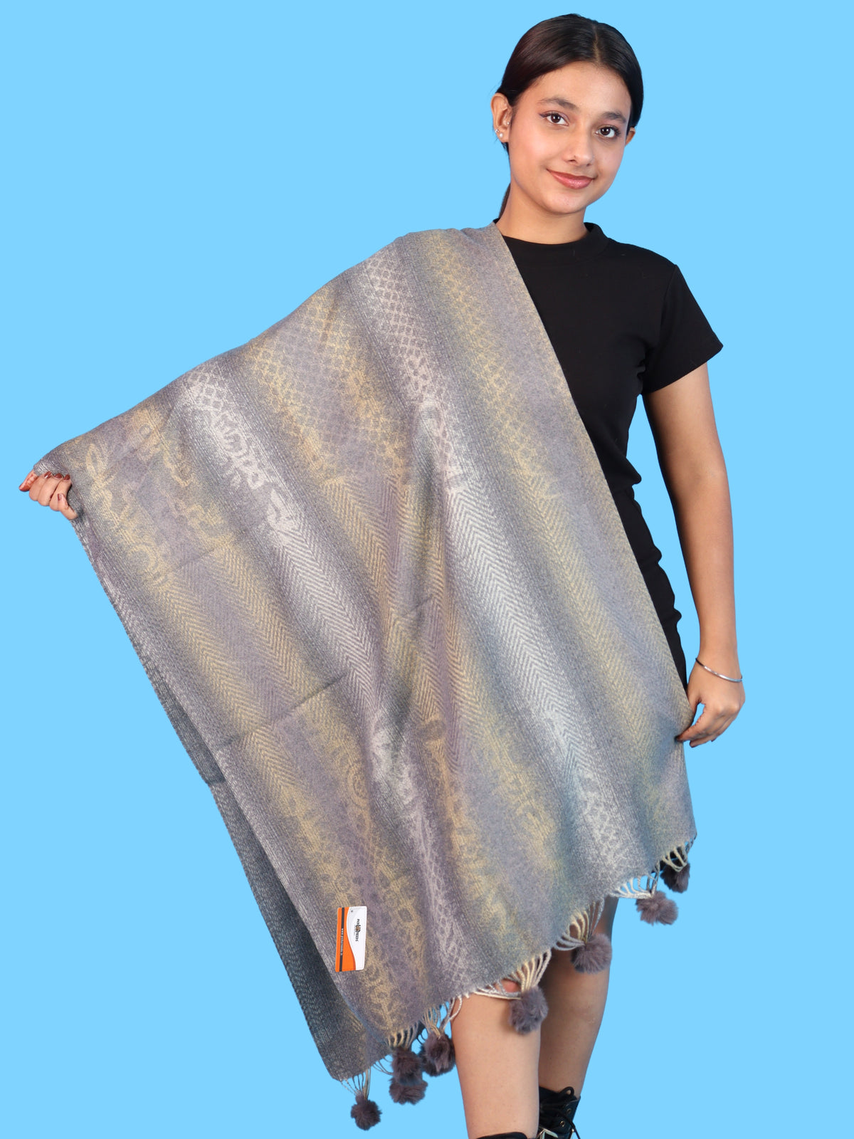 Pick Ur Needs Soft Woolen Designer Winter Shawl with Beautiful Floral Pattern & Pom Pom Tassels For Girls & Womens