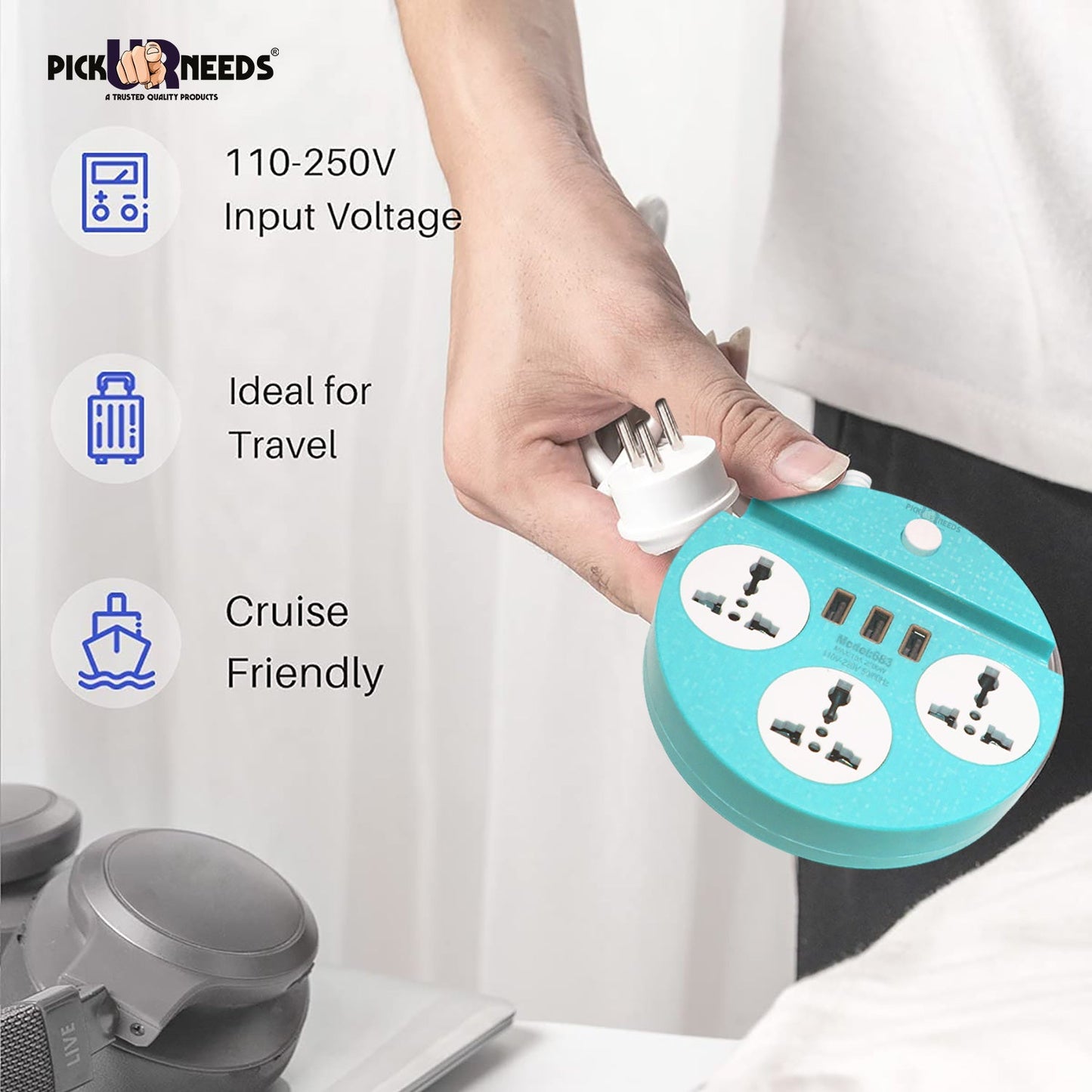 Pick Ur Needs Extension Cord Board with 3 USB Charging Ports and 3 Socket -10 Amp Heavy Duty for Multiple Devices Smartphone Tablet Laptop