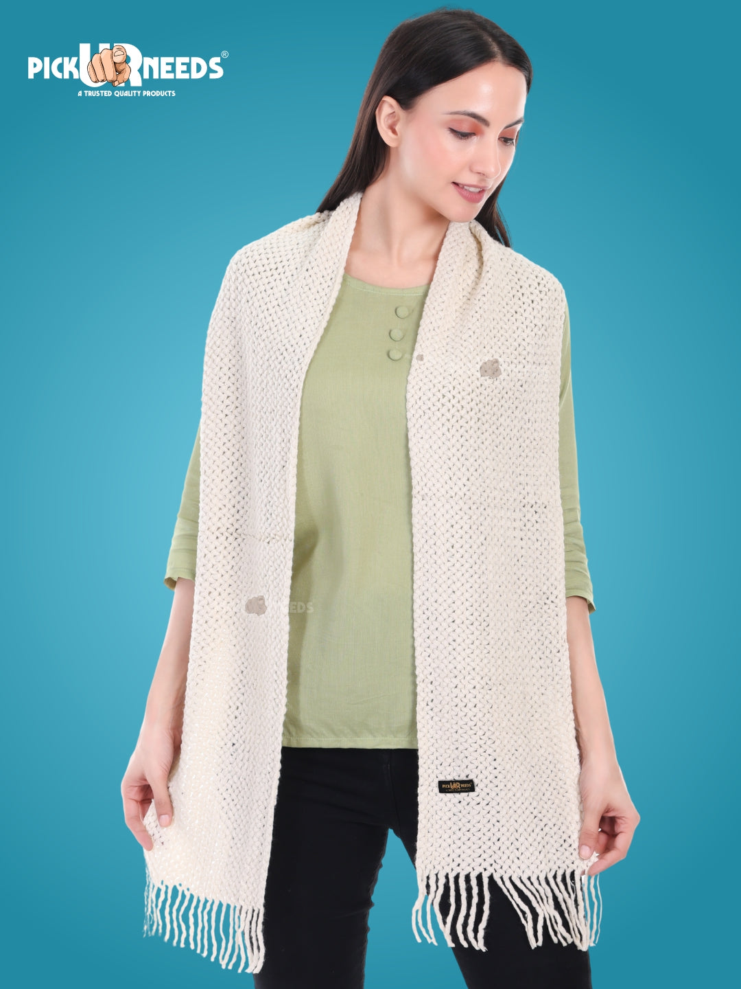 Pick Ur Needs Women's Chunky Knit Scarf  Soft, Warm & Breathable Winter Muffler  Unisex Solid Tan Textured Knit with Fringes