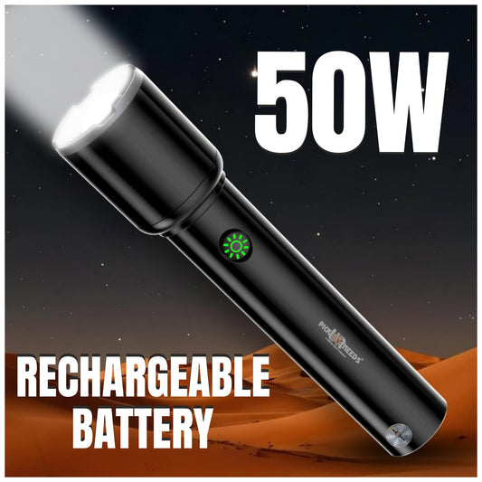 Pick Ur Needs Rechargeable Torch Light Adjustable Focus 3 Mode LED 50 Watt High Brightness LED Torch  (Black, 17 cm, Rechargeable)