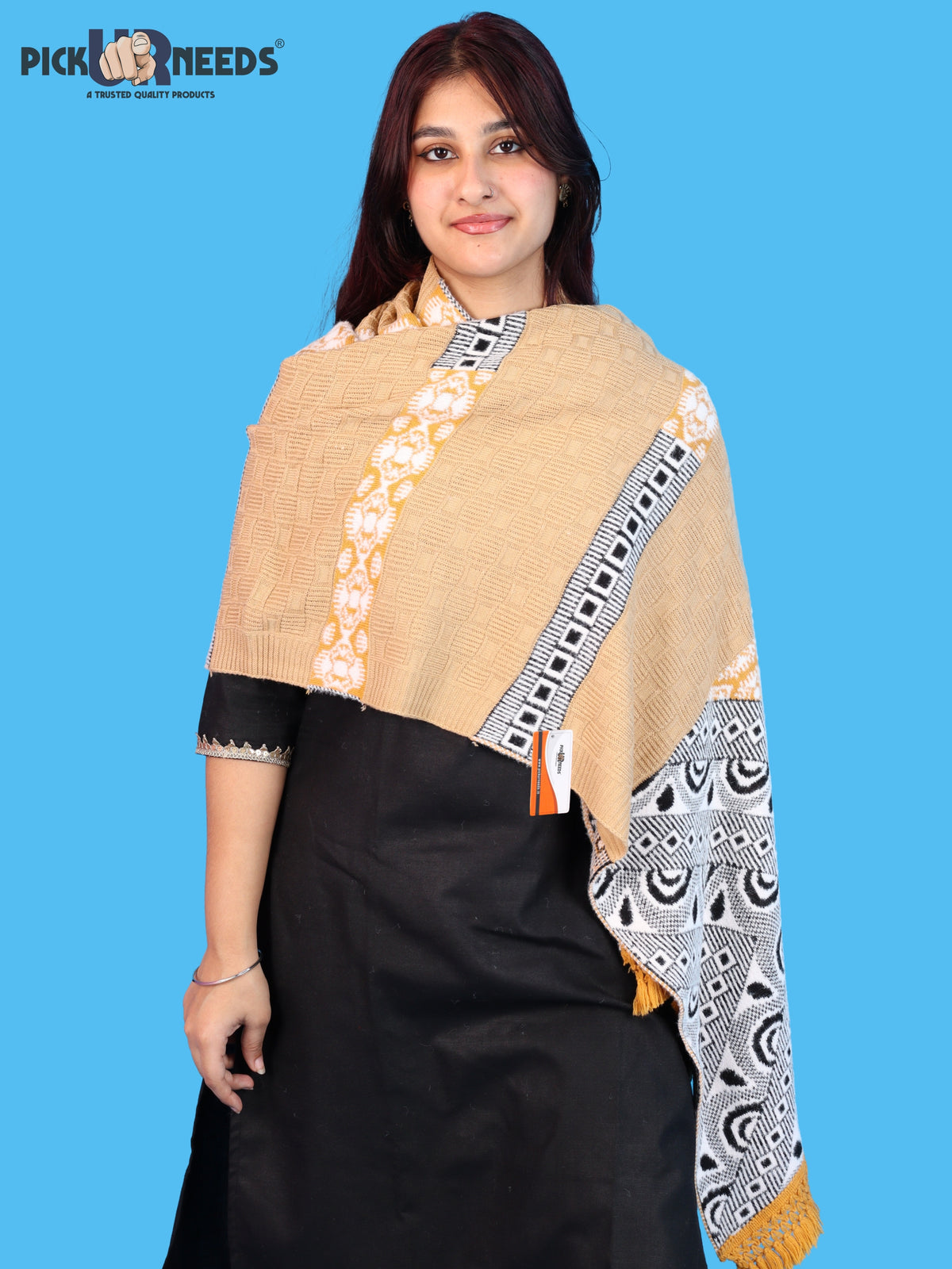 Pick Ur Needs Winter Girls & Womens Woolen Shawl, Soft Warm Printed Wrap with Elegant Pattern & Fringe Border