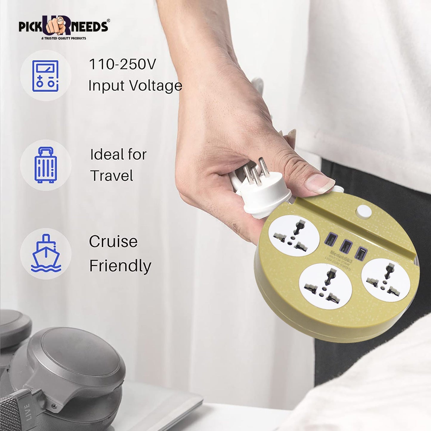 Pick Ur Needs Extension Cord Board with 3 USB Charging Ports and 3 Socket -10 Amp Heavy Duty for Multiple Devices Smartphone Tablet Laptop
