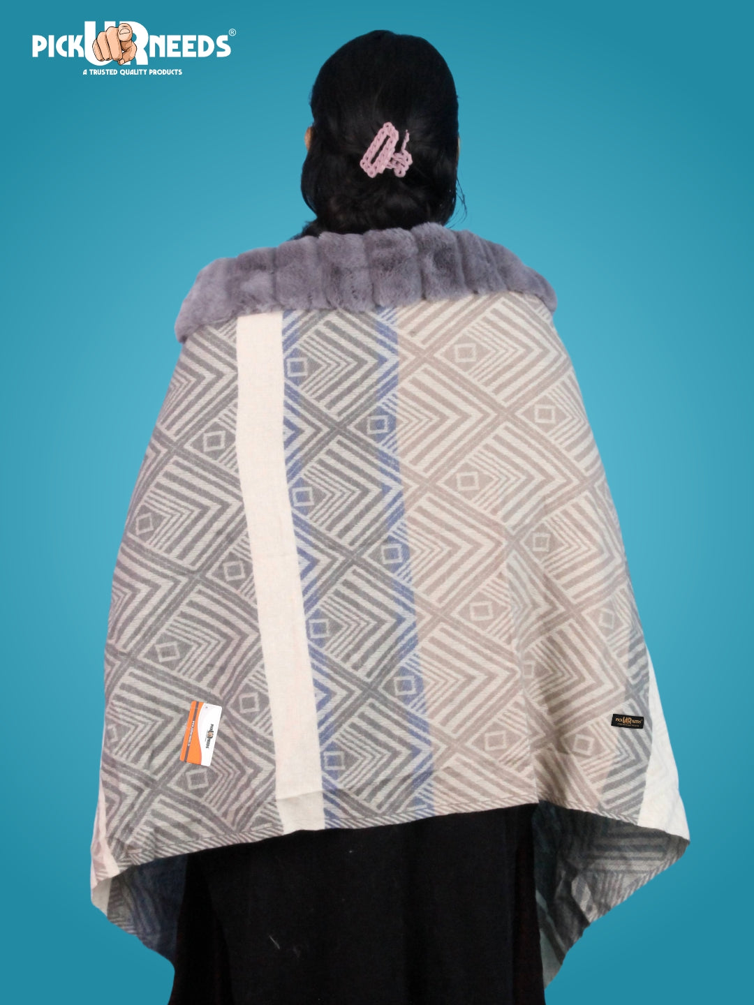 Pick Ur Needs Women's Winter Geometric Printed Faux Fur Border Shawl with Tassels  Soft Warm Wrap Stole for Casual, Party & Travel