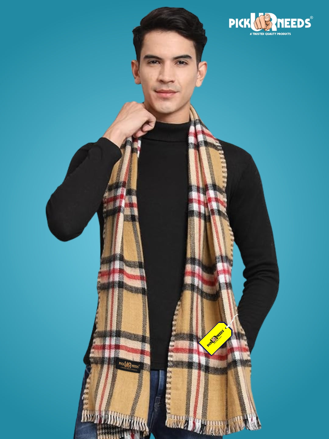 Pick Ur Needs Reversible Winter Muffler for Men Premium Soft Wool Blend Scarf Dual-Design Check & Houndstooth Pattern Warm & Stylish Winter Neck Wrap