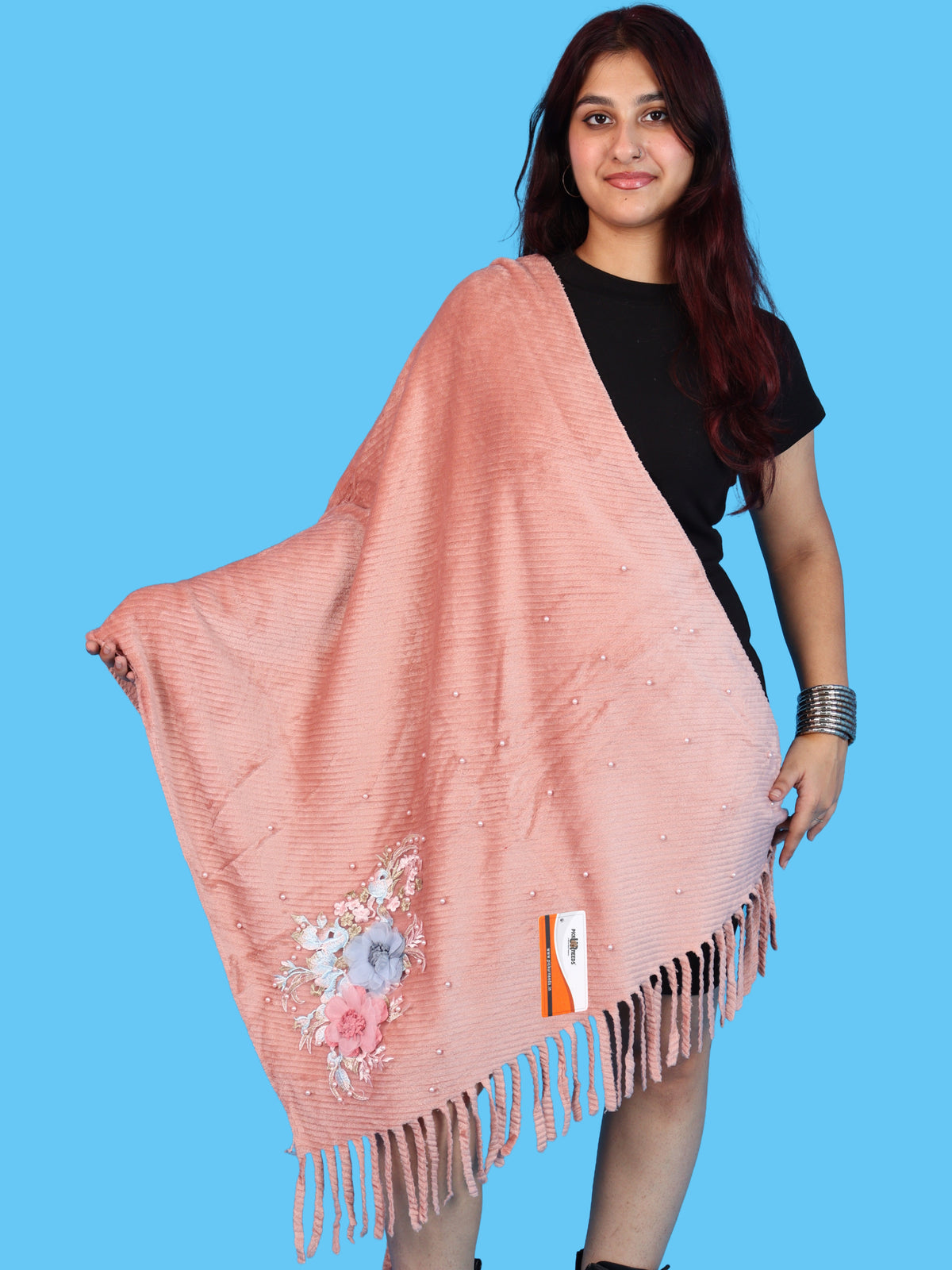 Pick Ur Needs Premium Floral Embroidered Winter Shawl Stole Soft Warm Wrap with Pearl Embellishments & Fringed Border For Girls & Womens