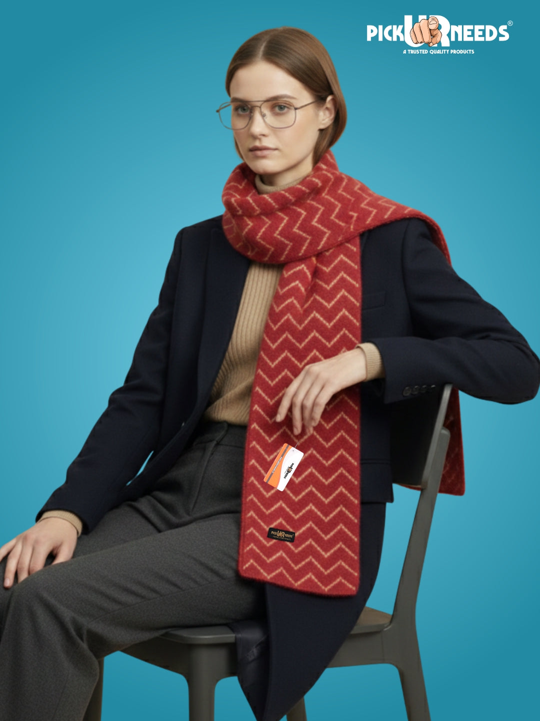 Pick Ur Needs Premium Woolen Winter Muffler with Gold Zigzag Pattern | Soft, Warm & Stylish Scarf for Women