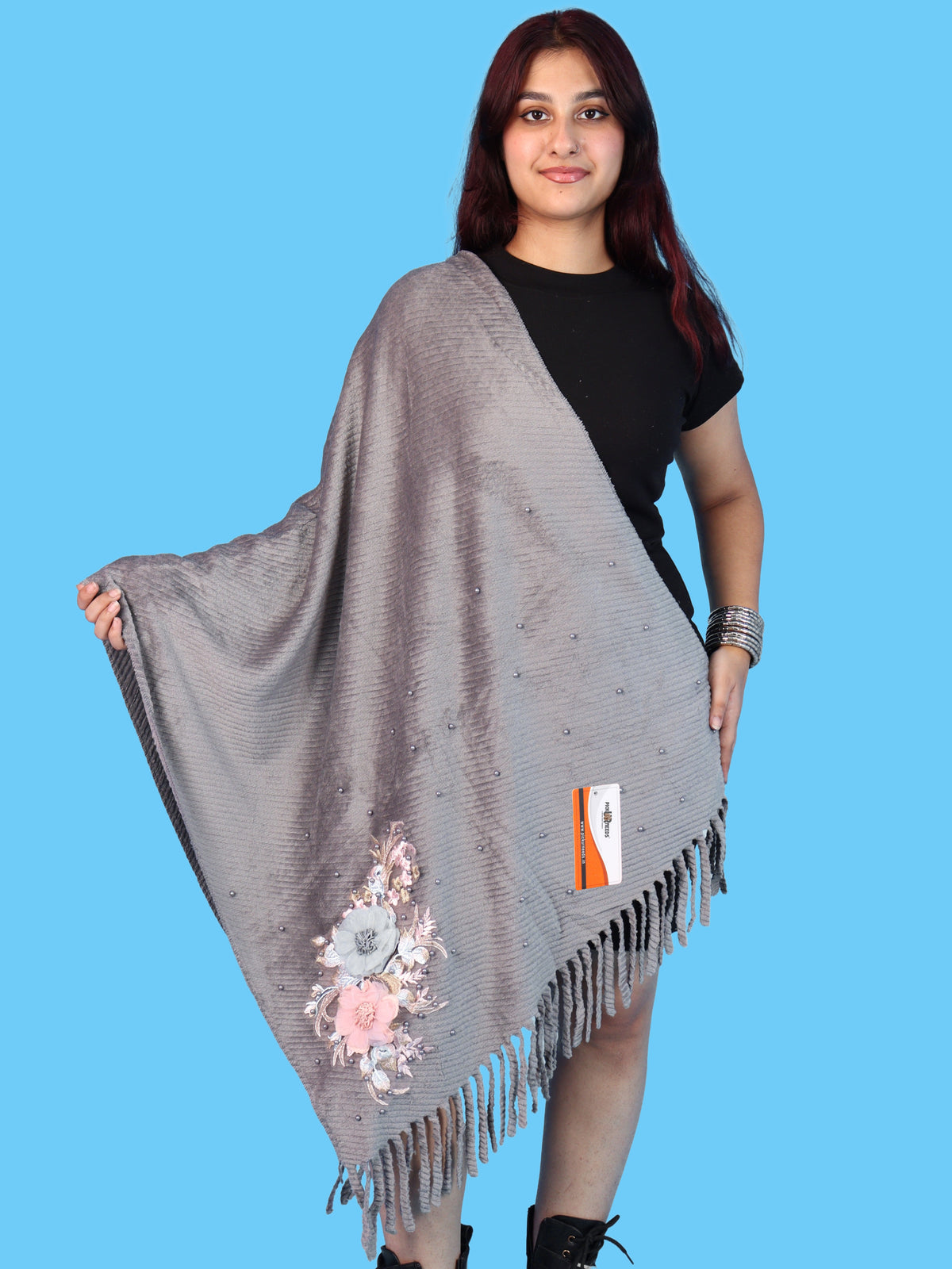 Pick Ur Needs Premium Floral Embroidered Winter Shawl Stole Soft Warm Wrap with Pearl Embellishments & Fringed Border For Girls & Womens