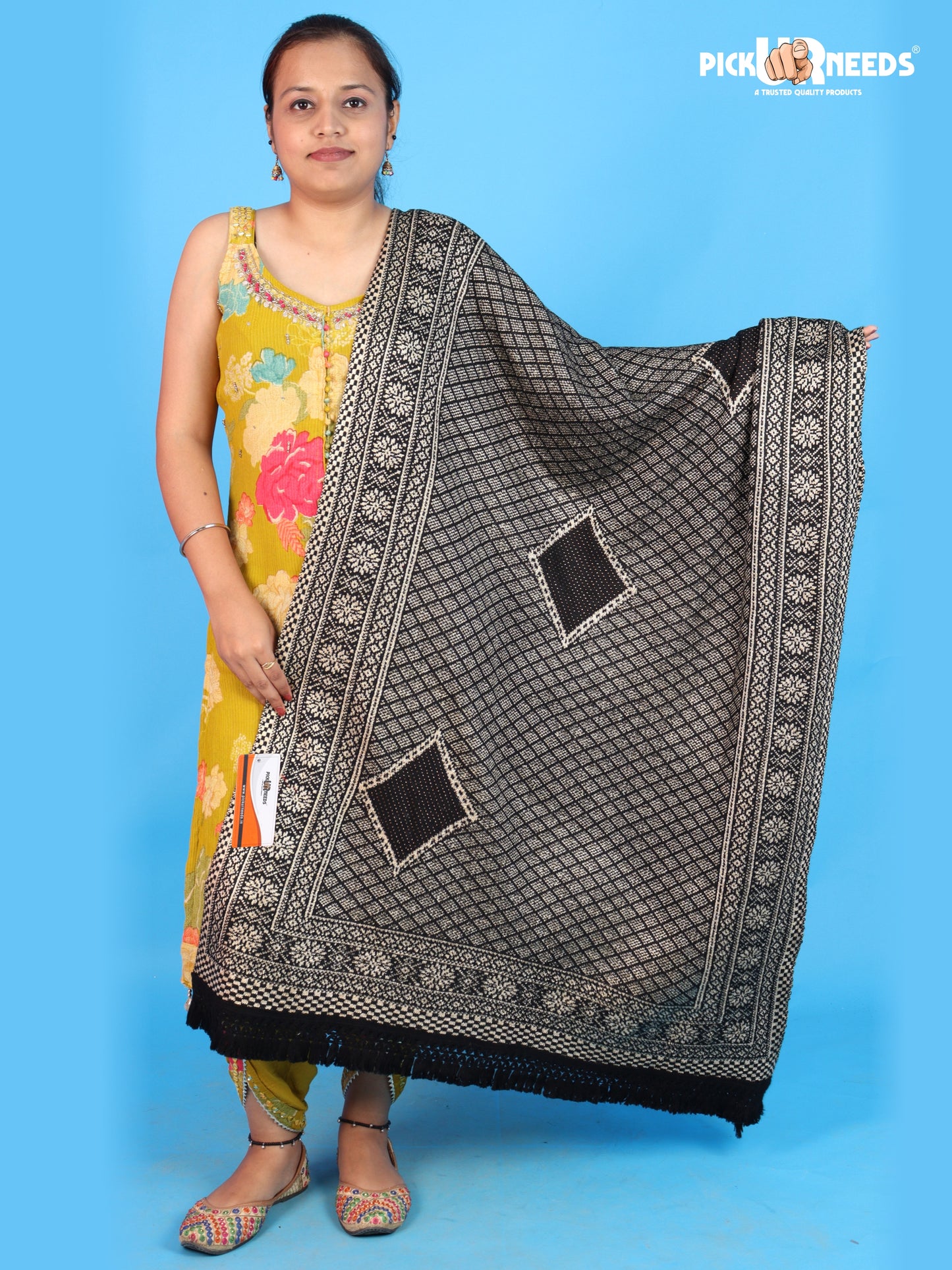 Pick Ur Needs Women & Girls Designer Shawl Stole with Elegant Woven Floral & Geometric Pattern, Soft Warm Winter Wrap with Fringed Border, Stylish Shoulder Scarf for Ladies