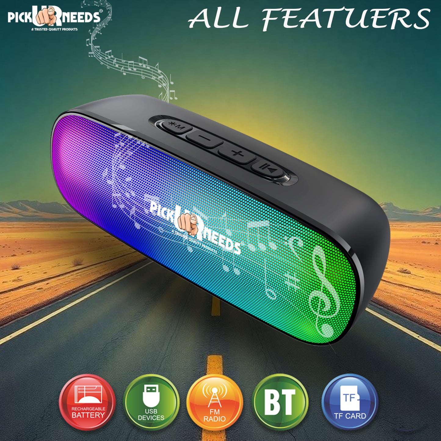 Pick Ur Needs 12W Bluetooth Speaker with RGB Disco Lights, 1200mAh Rechargeable Battery, Wireless Portable Speakers with FM Radio, USB & TF Card Support