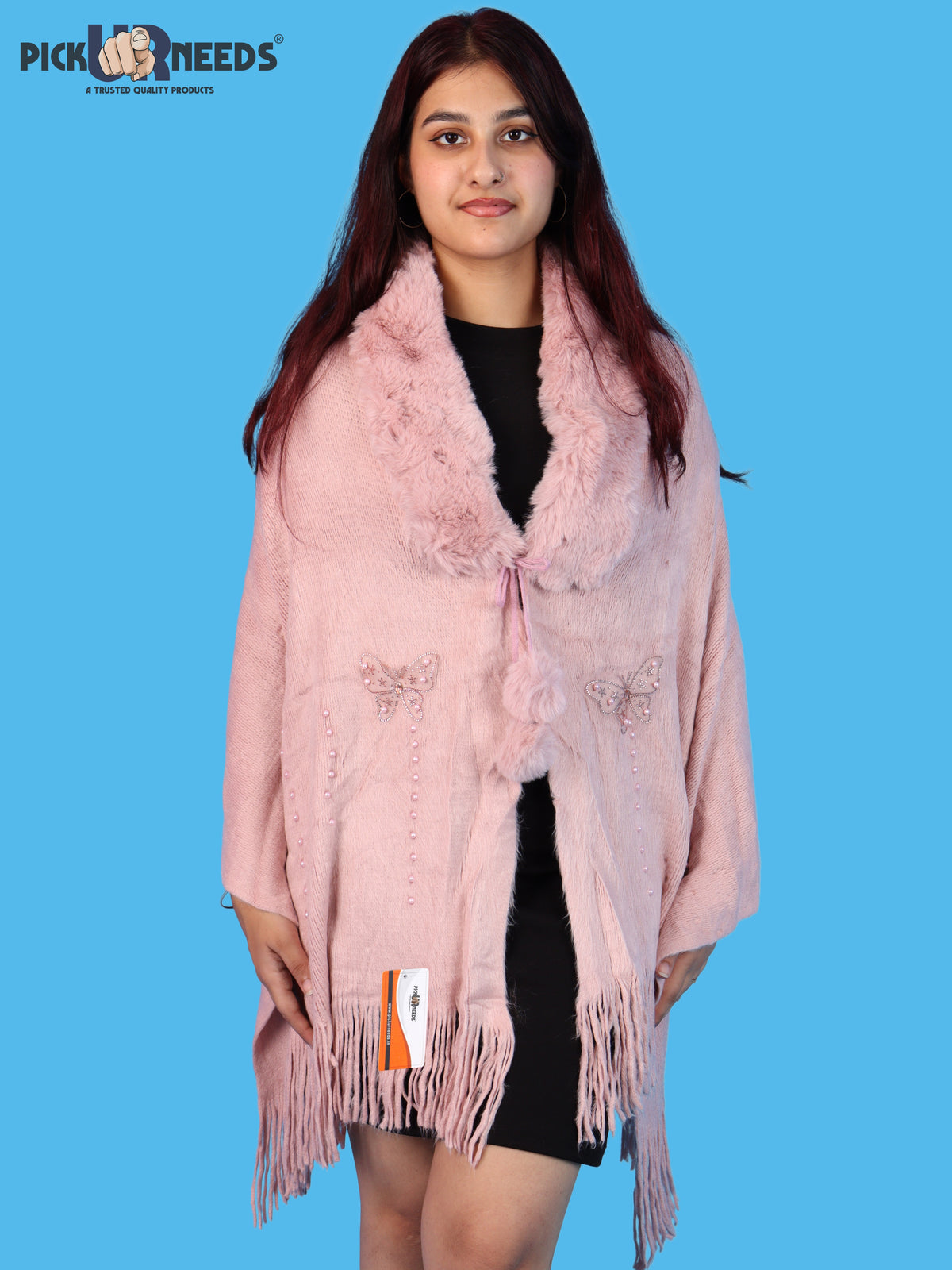 Pick Ur Needs Womens Faux Fur Collar Shrug with Pom Pom Tie Shawl Elegant Fringed Winter Wrap for Women & Girls