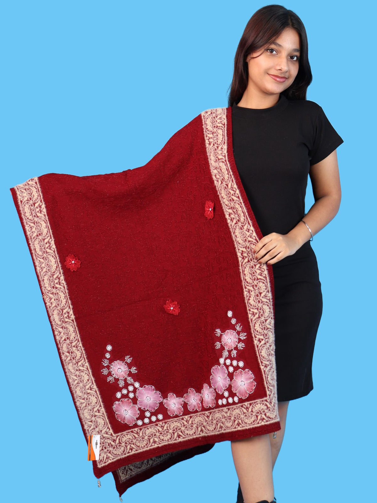 Pick Ur Needs Winter Woolen Womens Open Front Stylish Shrug with Elegant Floral Embroidery & Designer Border Soft Warm for Ladies & Girls