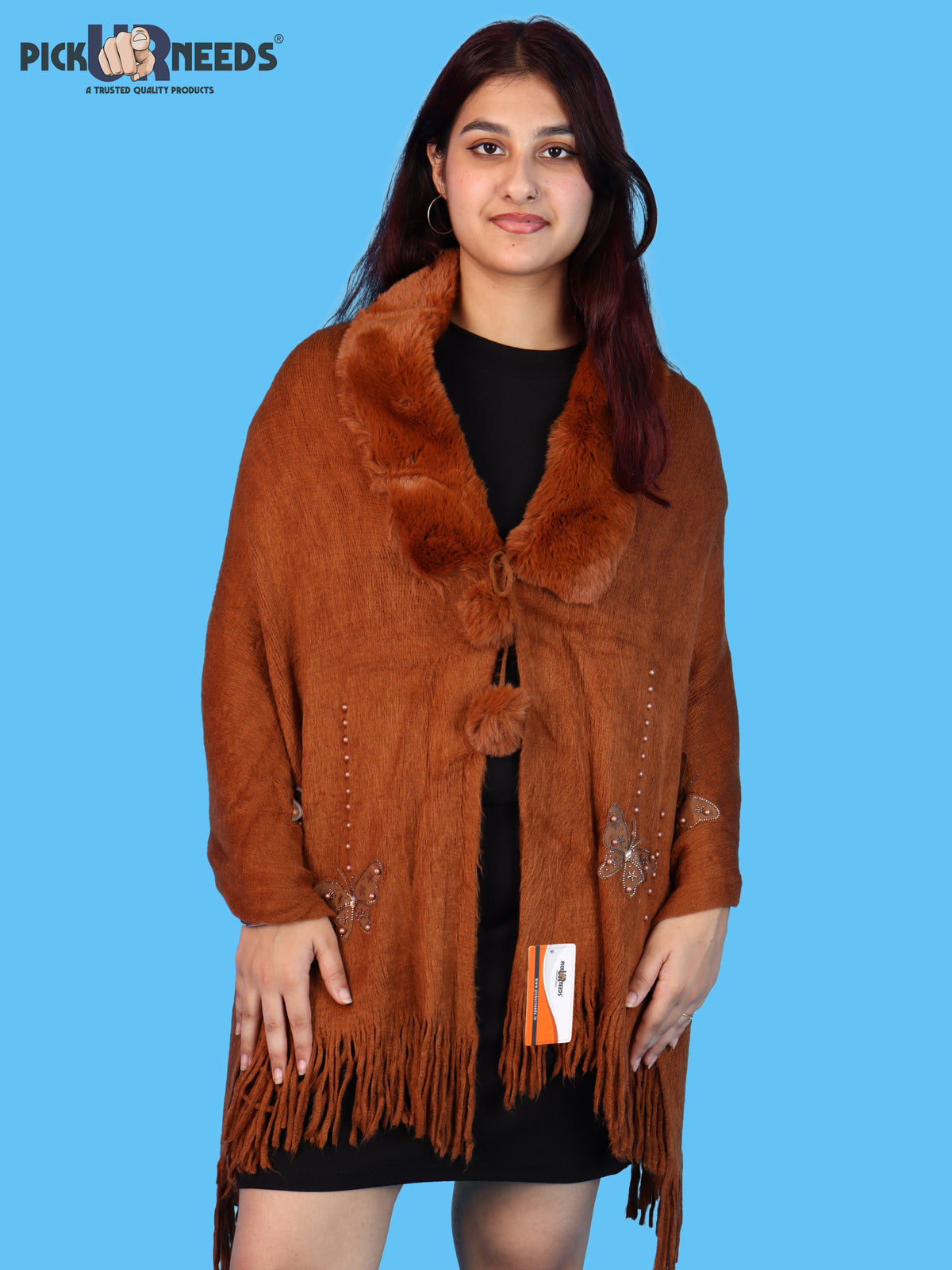 Pick Ur Needs Womens Faux Fur Collar Shrug with Pom Pom Tie Shawl Elegant Fringed Winter Wrap for Women & Girls