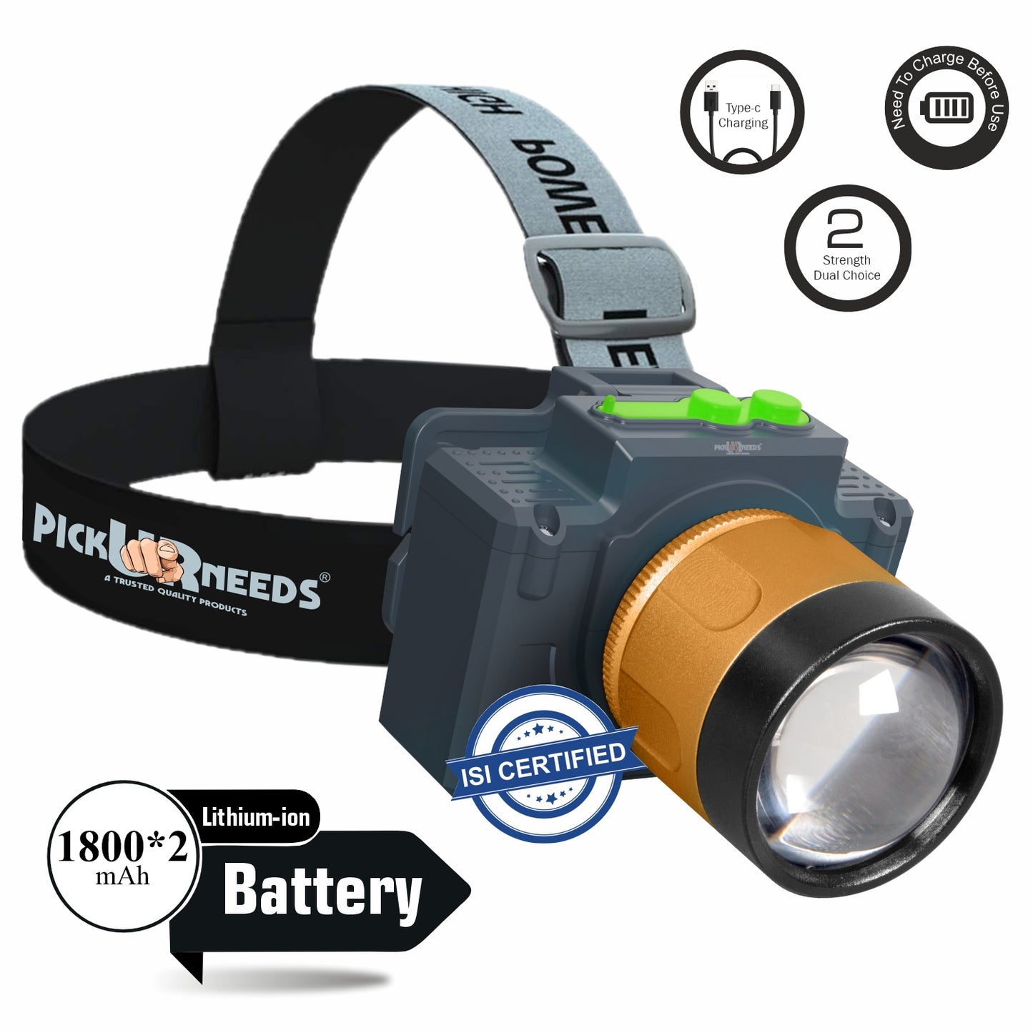 Pick Ur Needs Rechargeable Aluminium Body Head Lamp 3 Mode LED Zooming Head 200W Laser Type C 5 hrs Torch Emergency Light